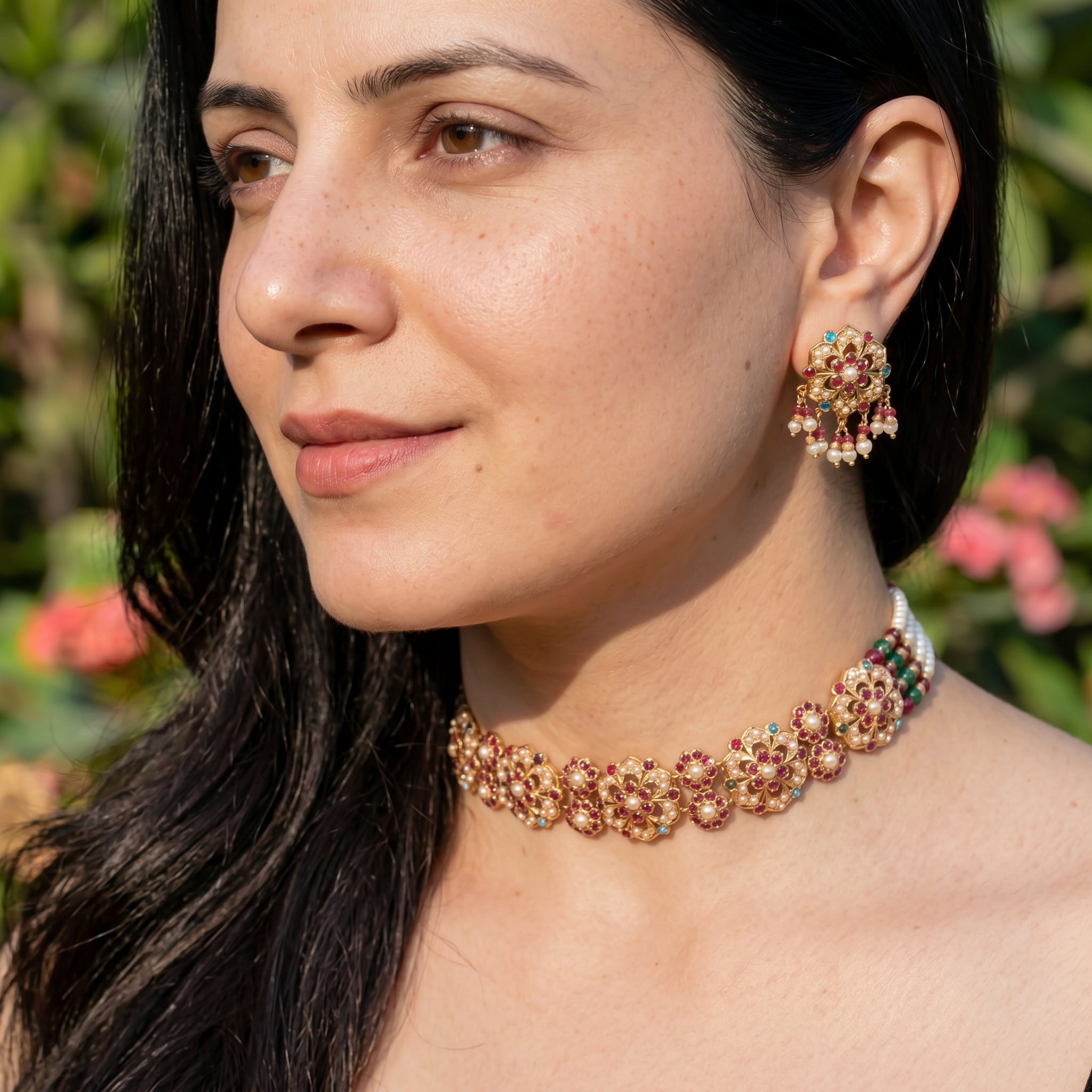 Sleek Floral Navratna Pearl Choker Set | Gold Plated on Silver NS 457