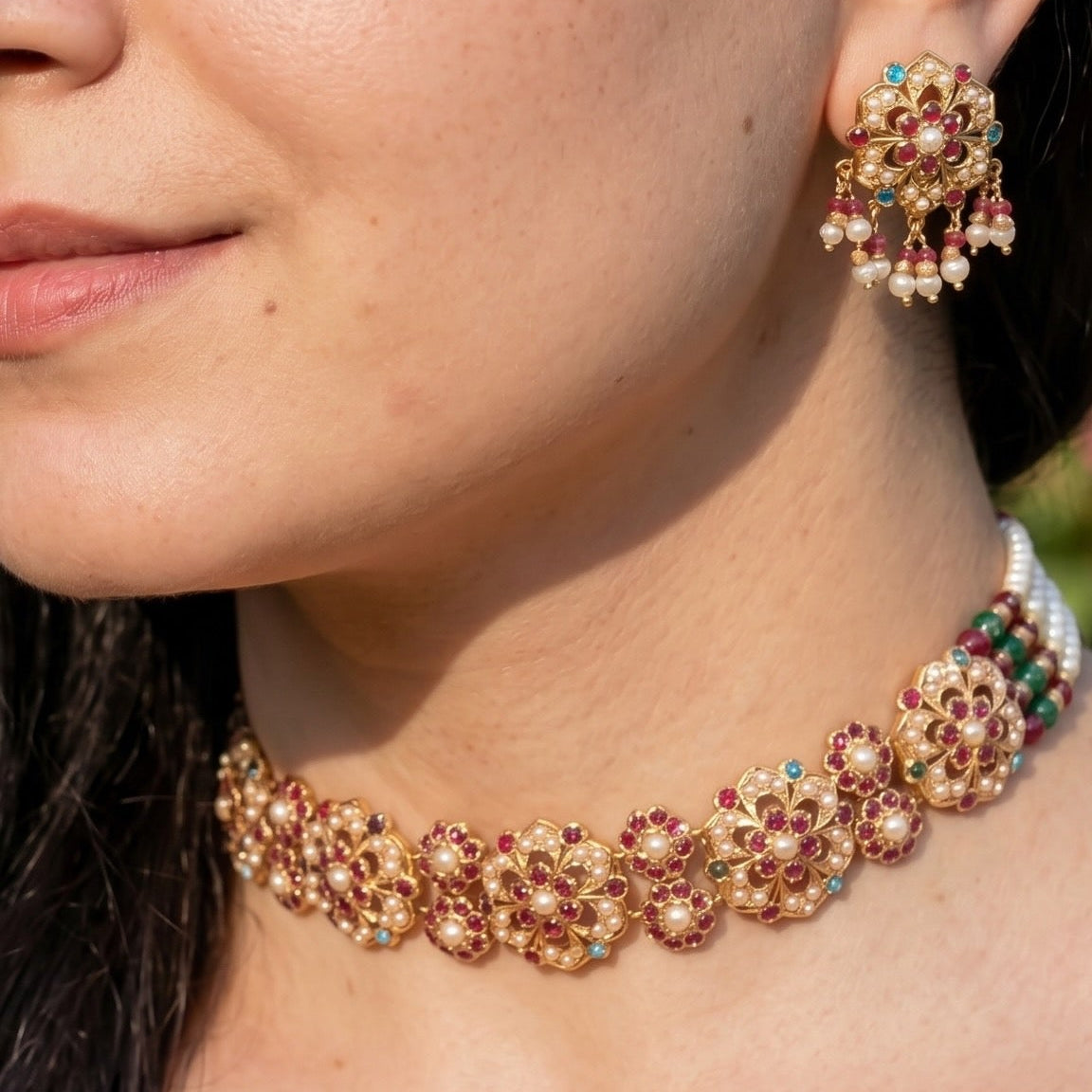 Sleek Floral Navratna Pearl Choker Set | Gold Plated on Silver NS 457