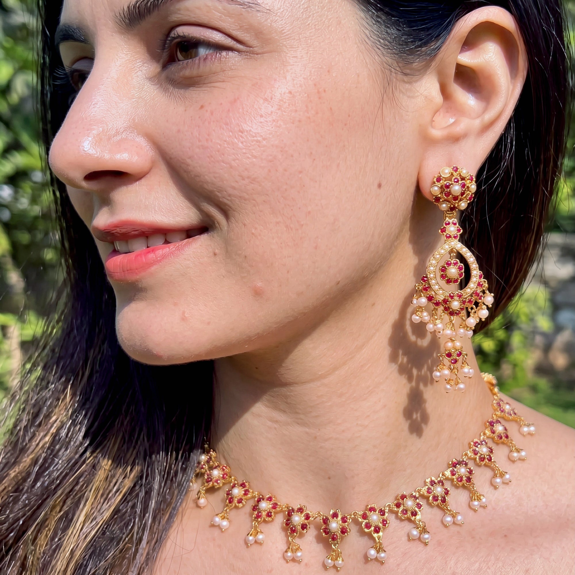 Ruby Pearl Floral Jadau Choker Set | Gold Plated on Silver NS 464