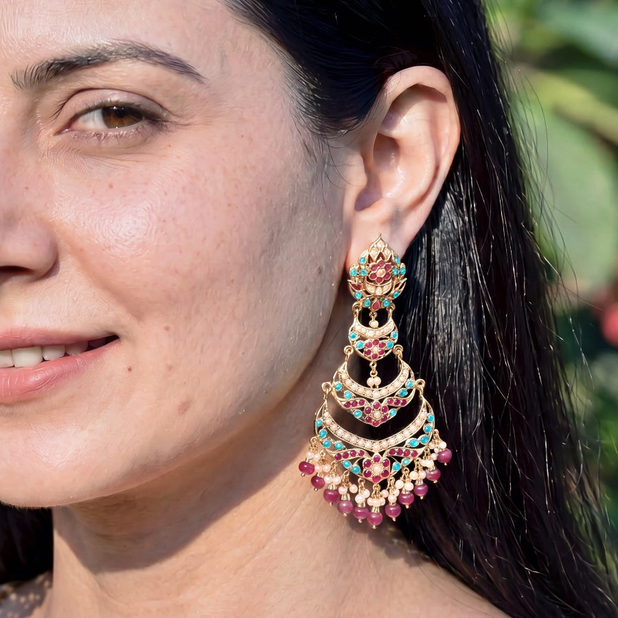Ruby-Turquoise Pearl Three-Tier Chandbali Earrings | Gold Plated on 925 Silver ER 706