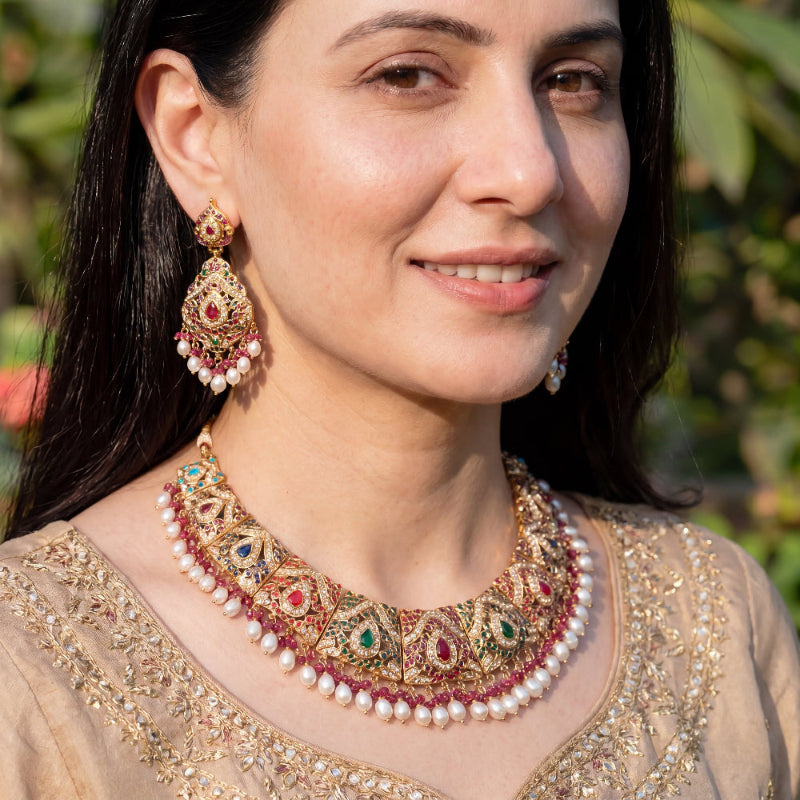 Navratna-Inspired Exquisite Jadau Collar Set | Gold Plated on 925 Silver NS 466