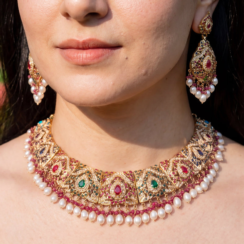 Navratna-Inspired Exquisite Jadau Collar Set | Gold Plated on 925 Silver NS 466