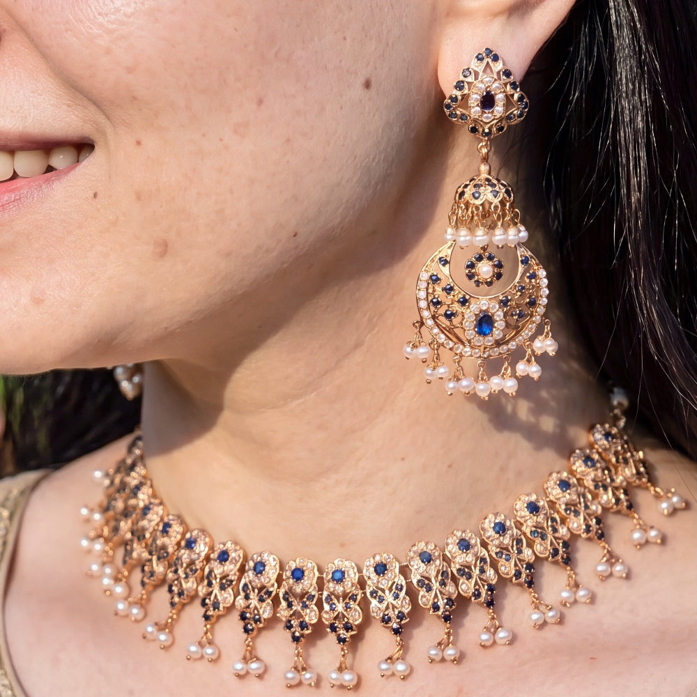 Sapphire-Blue Pearl Jadau Choker Set | Gold Plated on Sterling Silver Base NS 467