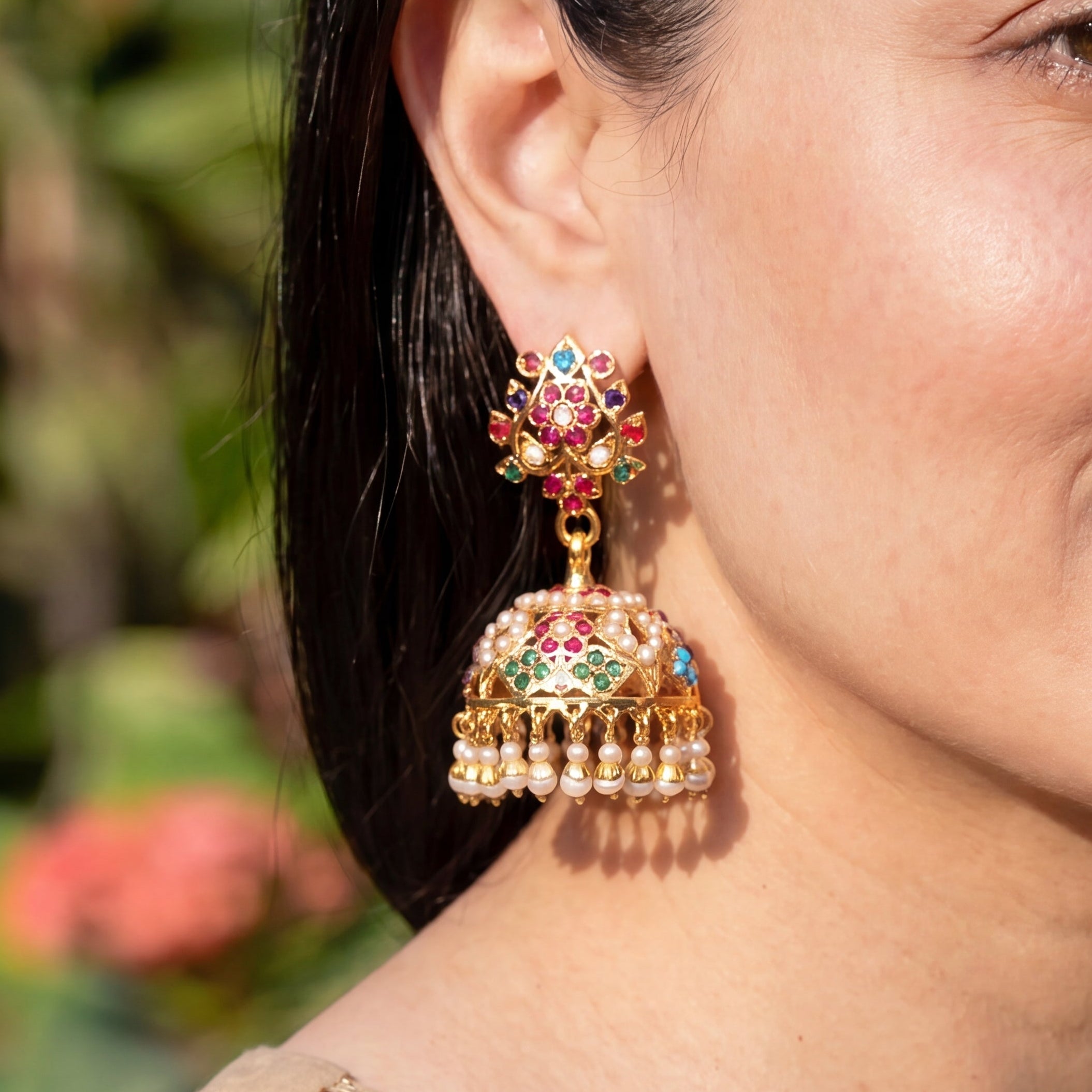 Navratna Pearl Jadau Jhumka Earrings | Gold Plated 925 Silver ER 708