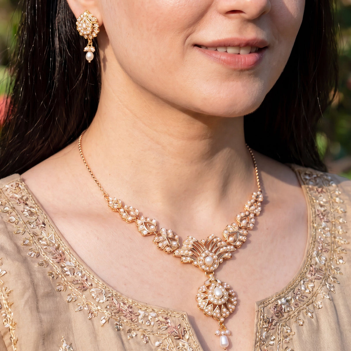 Pearl Fan Motif Jadau Chain Necklace Set | Gold Plated Silver NS 468