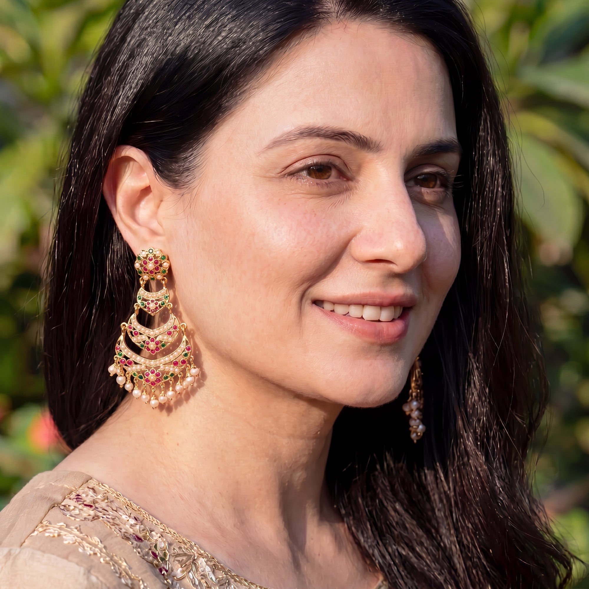 Ruby-Green Pearl Three-Tier Chandbali Earrings | Gold Plated on Silver ER 703