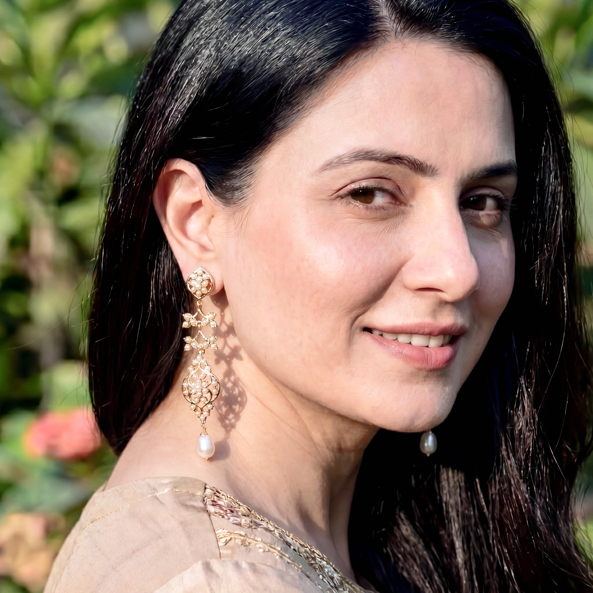 Long Pearl Openwork Jadau Drop Earrings | Gold Plated Silver ER 716