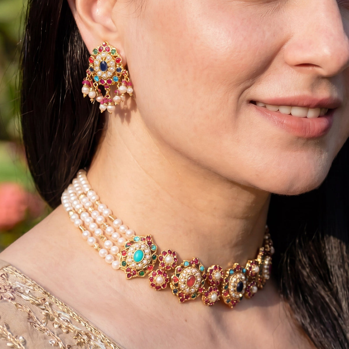 Navratna Pearl String Jadau Choker Set | Gold Plated on 925 Silver NS 473