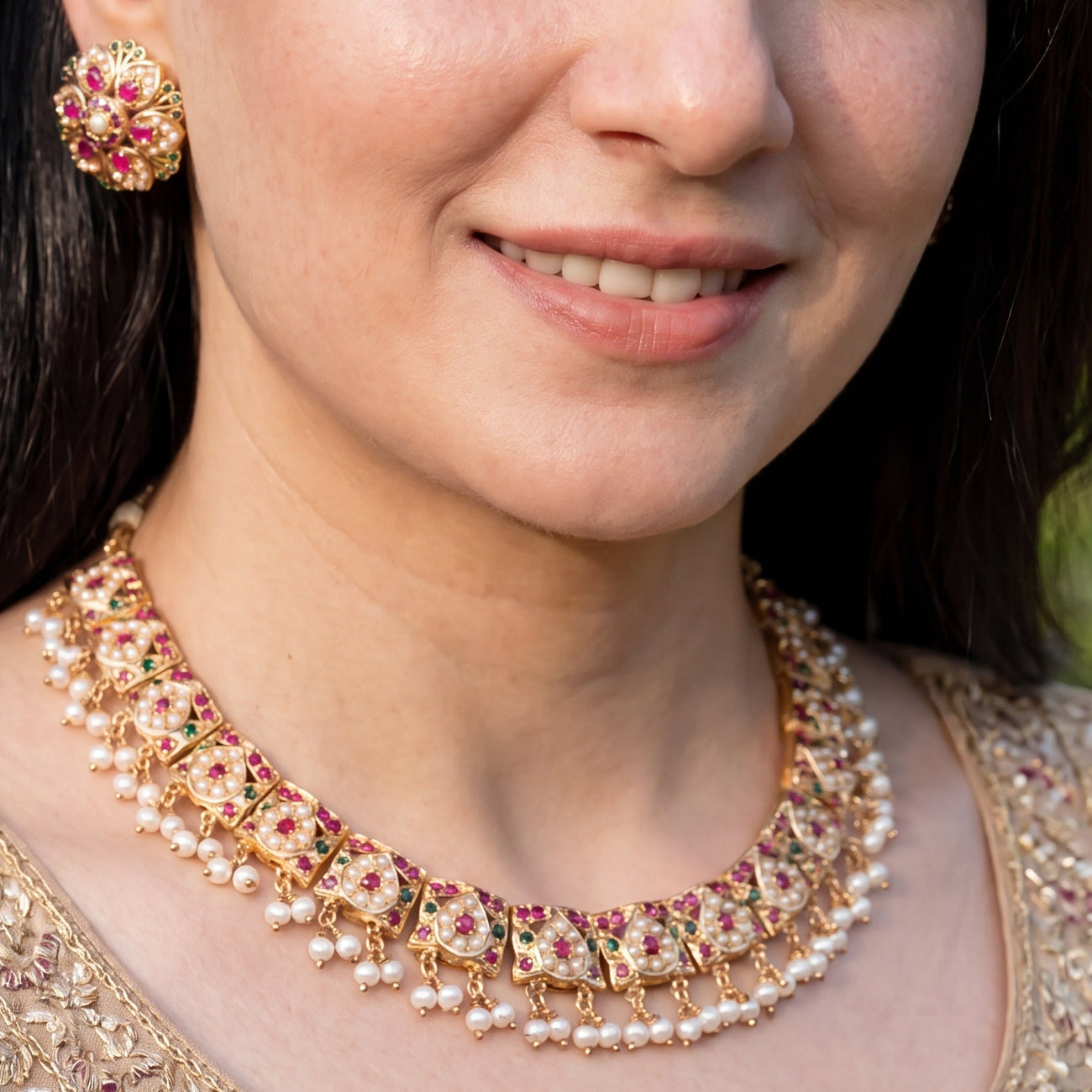 Ruby Pearl Jadau Necklace Set with Floral Stud Earrings | Gold Plated Silver NS 474