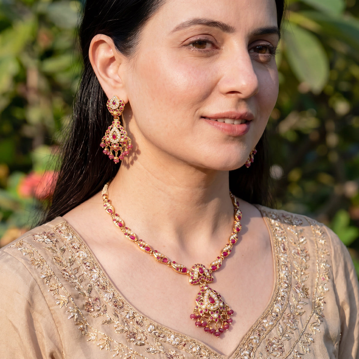 Ruby Pearl Jadau Necklace Set with Matching Earrings | Gold Plated Silver NS 471