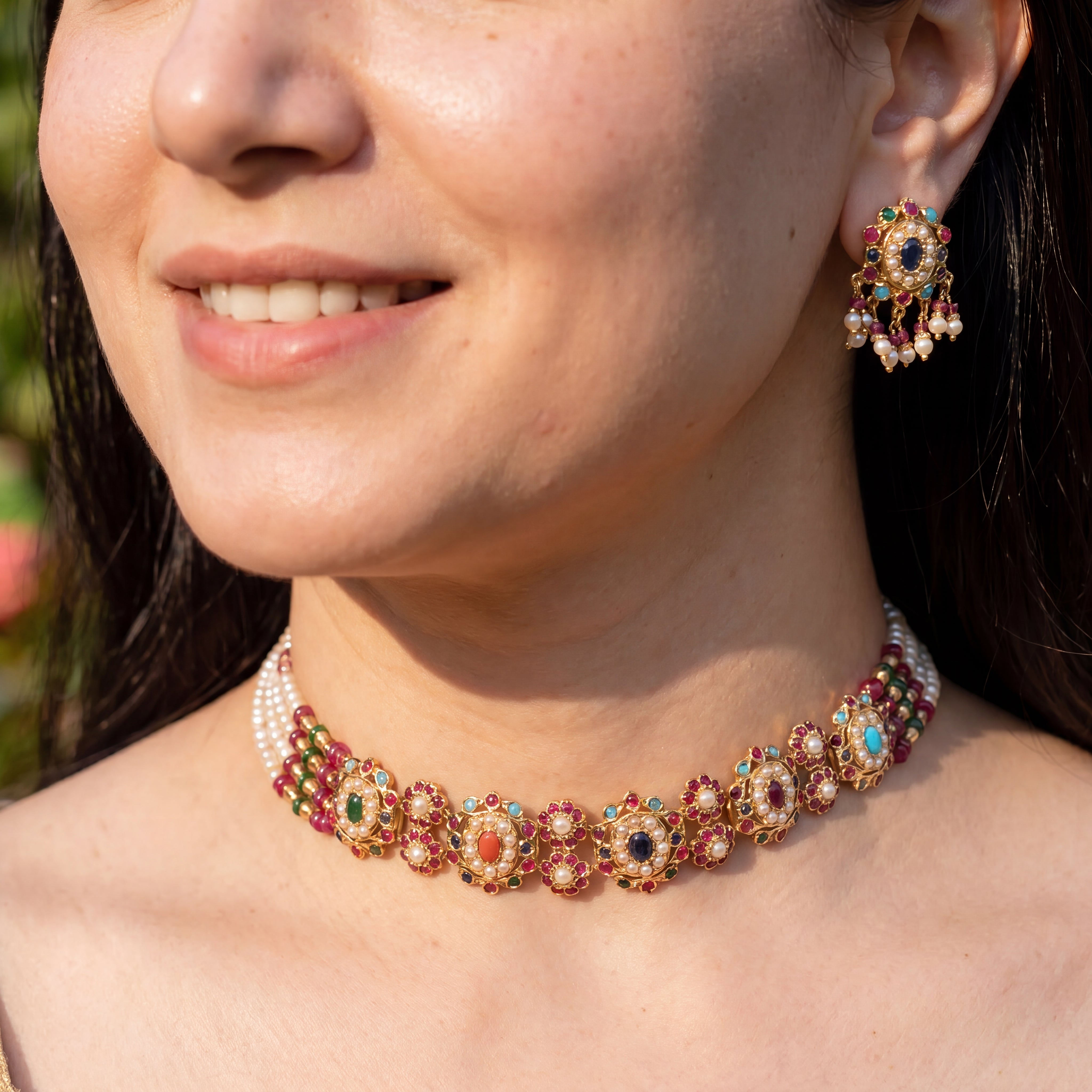 Floral Navratna Pearl Choker Set | Gold Plated Silver NS 472