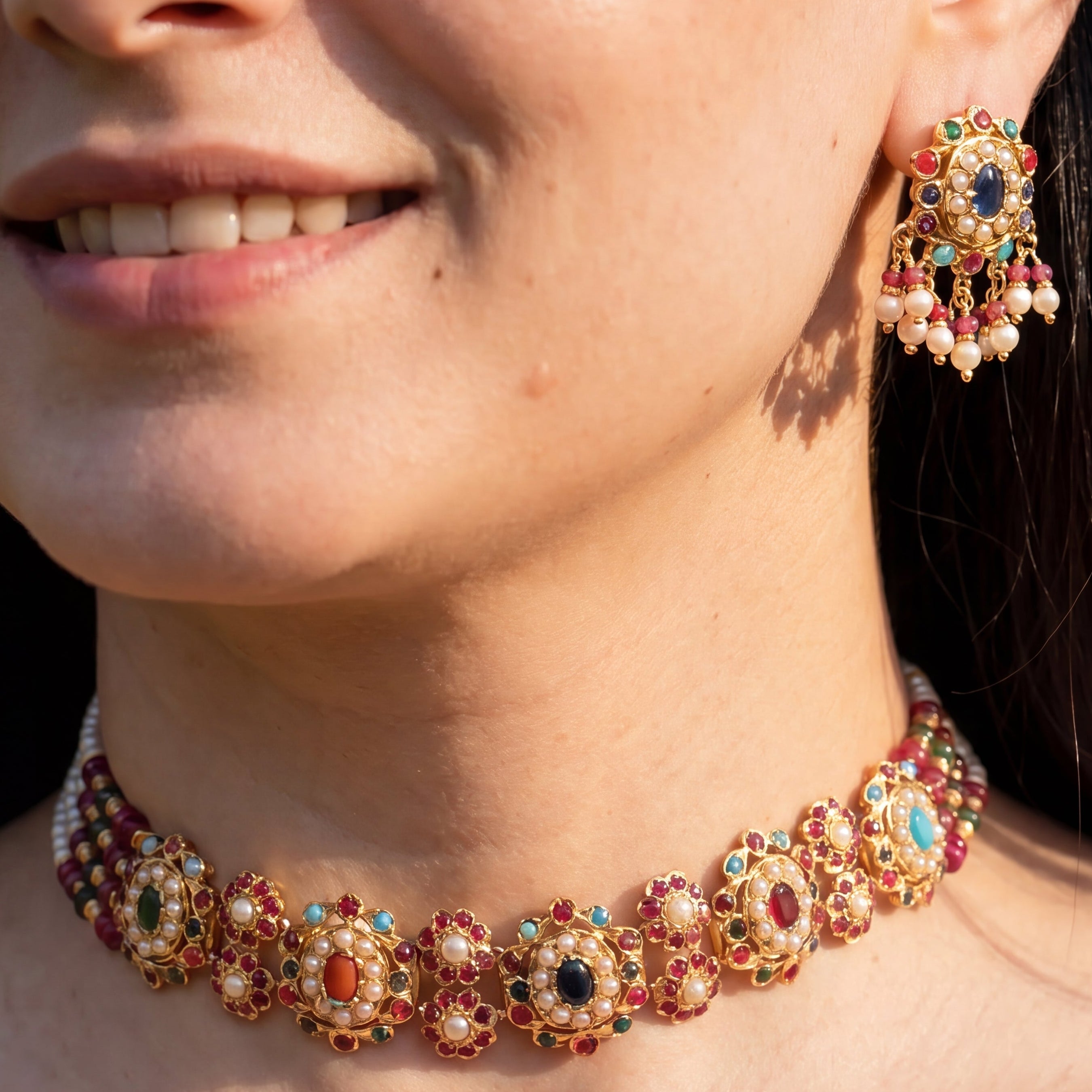 Floral Navratna Pearl Choker Set | Gold Plated Silver NS 472