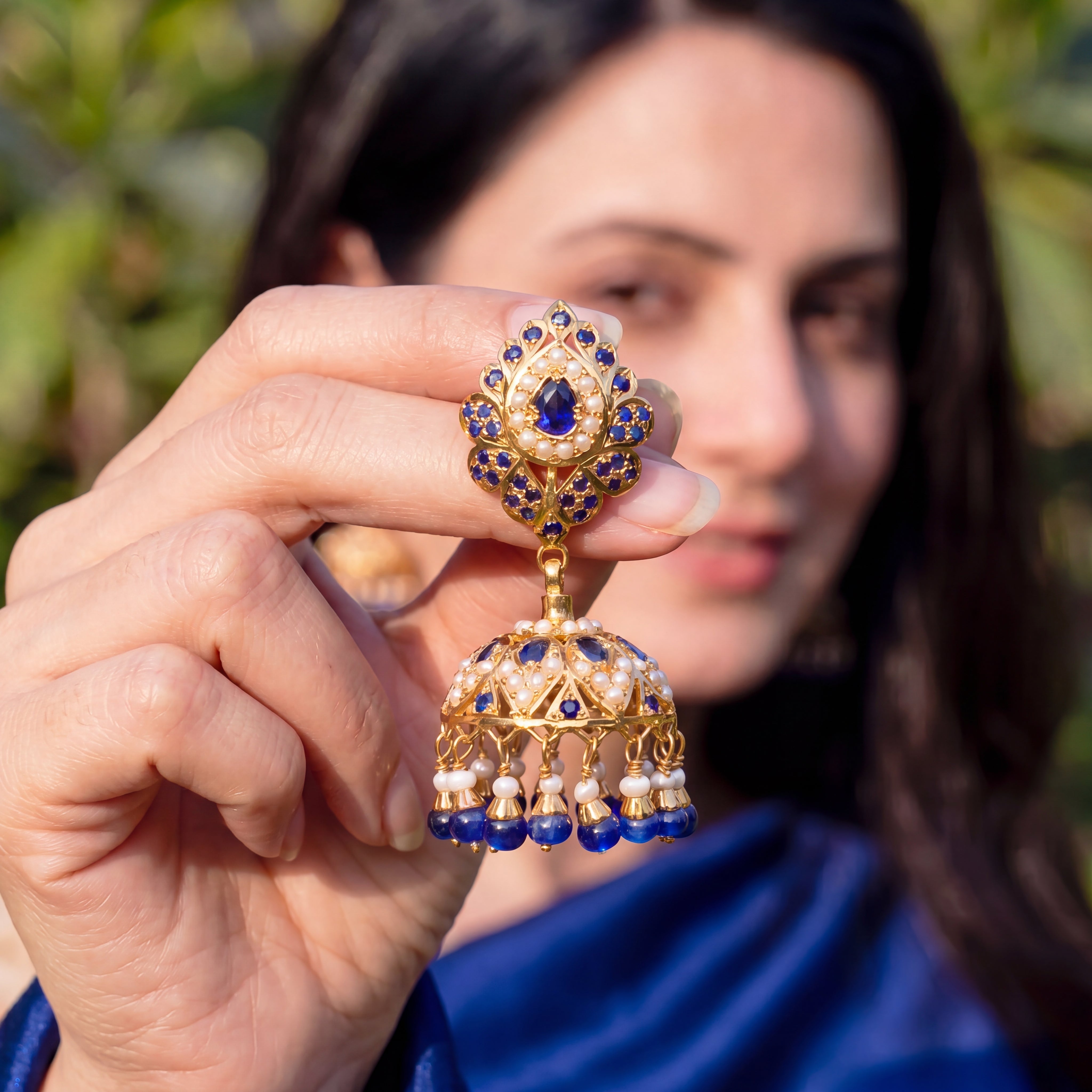 Royal Blue Pearl Jadau Jhumka Earrings | Gold Plated Silver ER 712