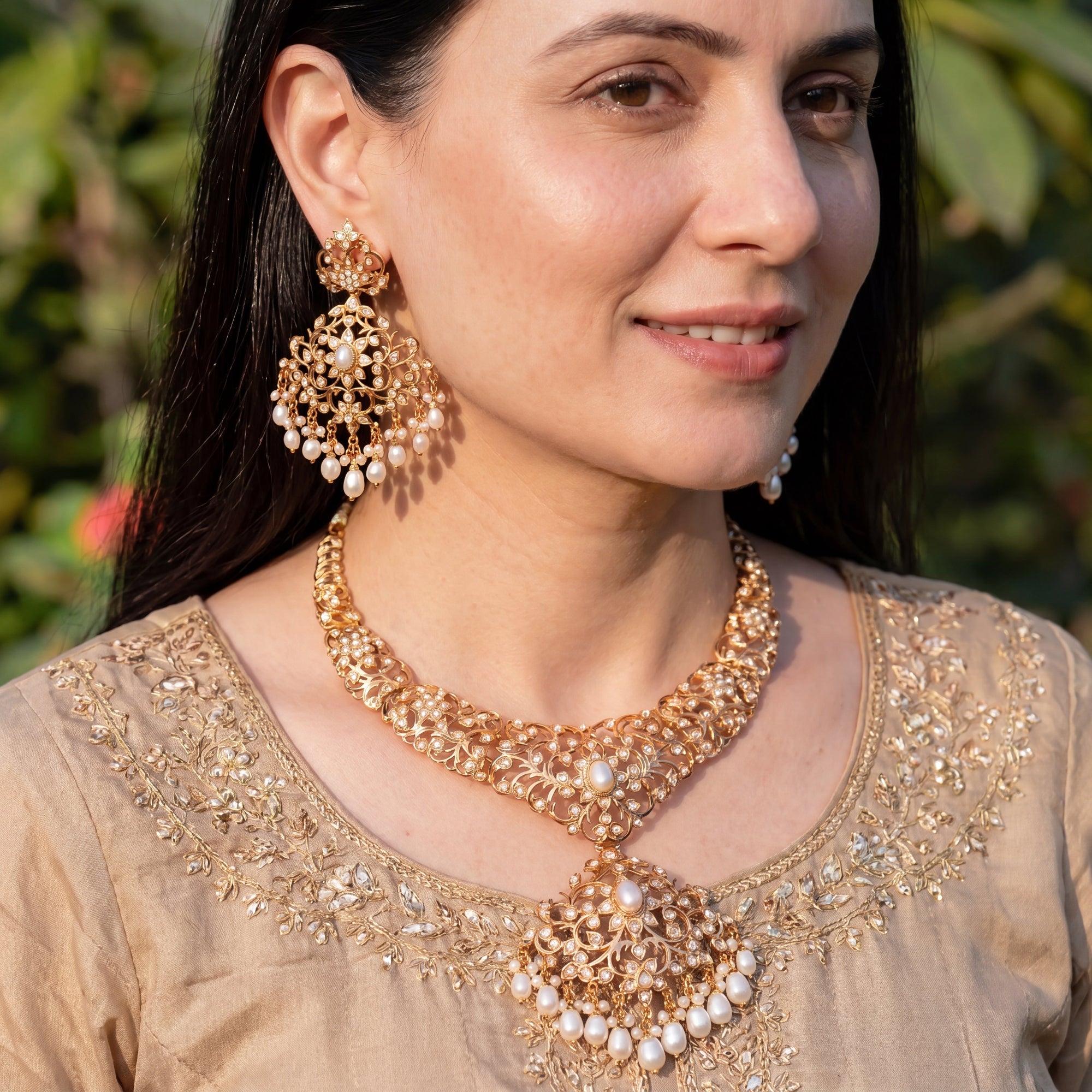 Edwardian Pearl Necklace Set with Statement Earrings | Gold Plated on 925 Silver NS 477