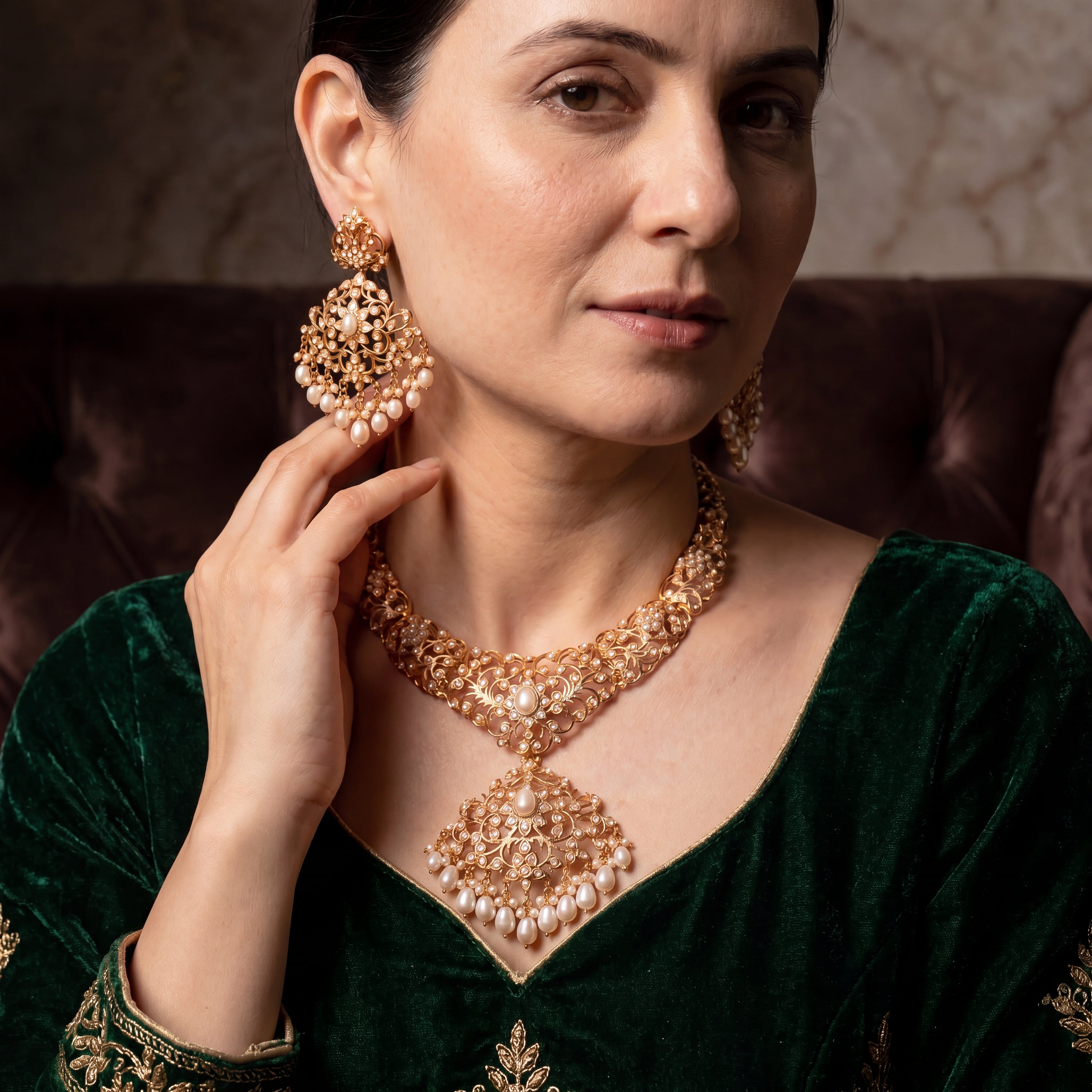 Edwardian Pearl Necklace Set with Statement Earrings | Gold Plated on 925 Silver NS 477