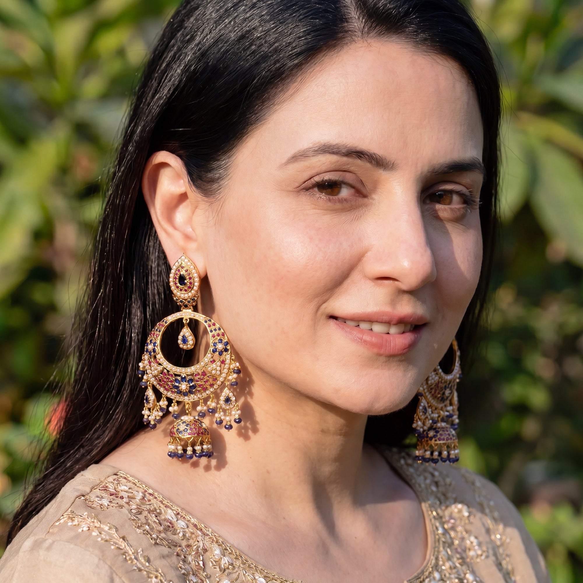 Royal Blue Ruby Chandbali Jhumka Earrings | Gold Plated on Silver ER 720