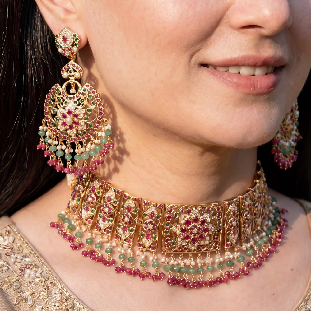 Product Title: Ruby Emerald Pearl Bridal Jadau Choker Set |Gold Plated on Silver NS 479