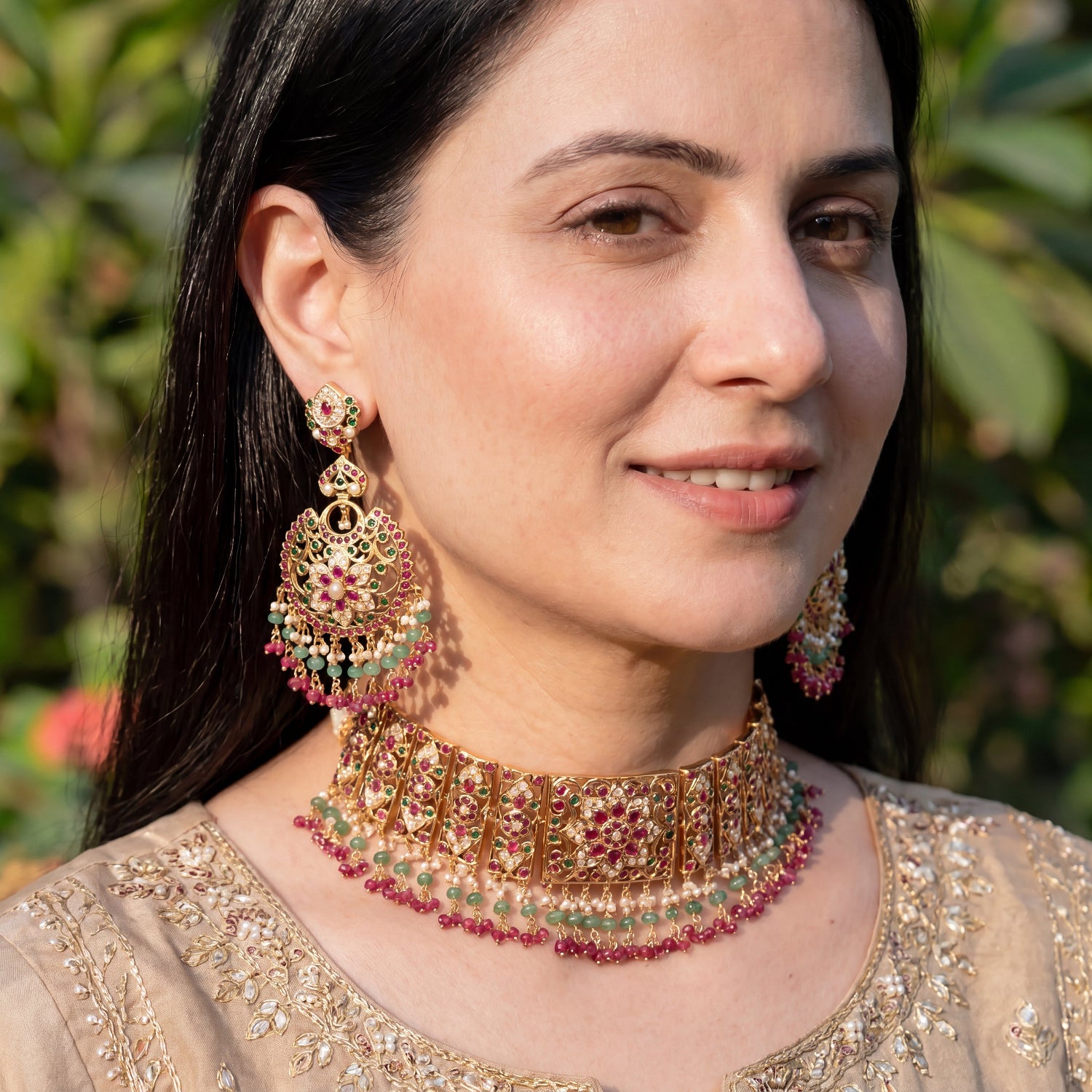 Product Title: Ruby Emerald Pearl Bridal Jadau Choker Set |Gold Plated on Silver NS 479