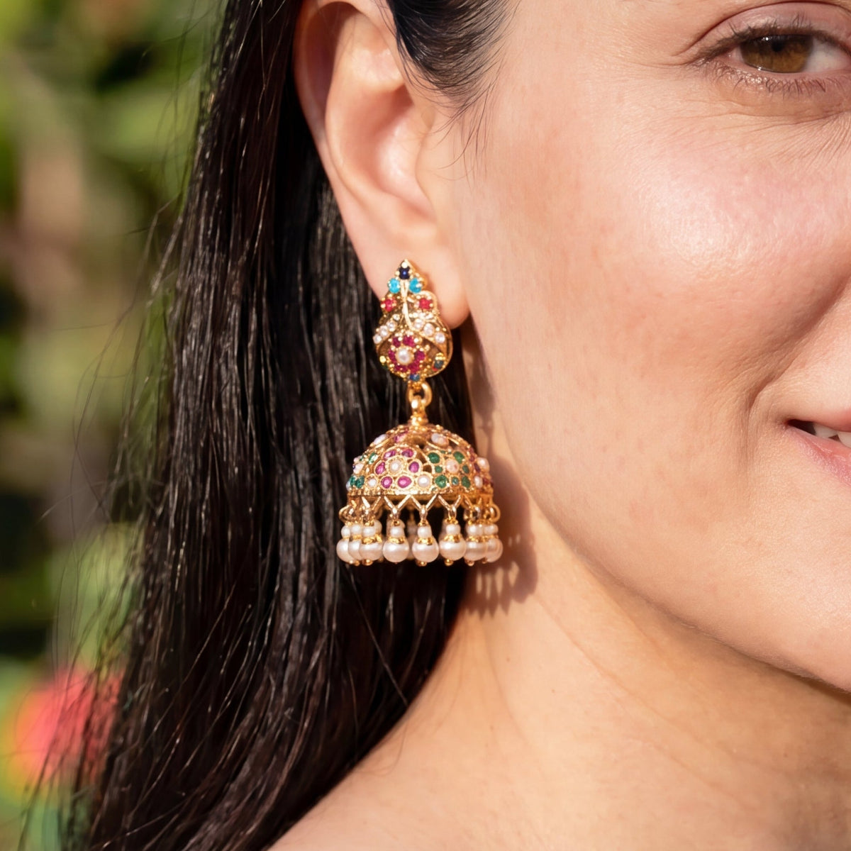 Navratna Jadau Jhumka Earrings For Women | Gold Plated Silver ER 722