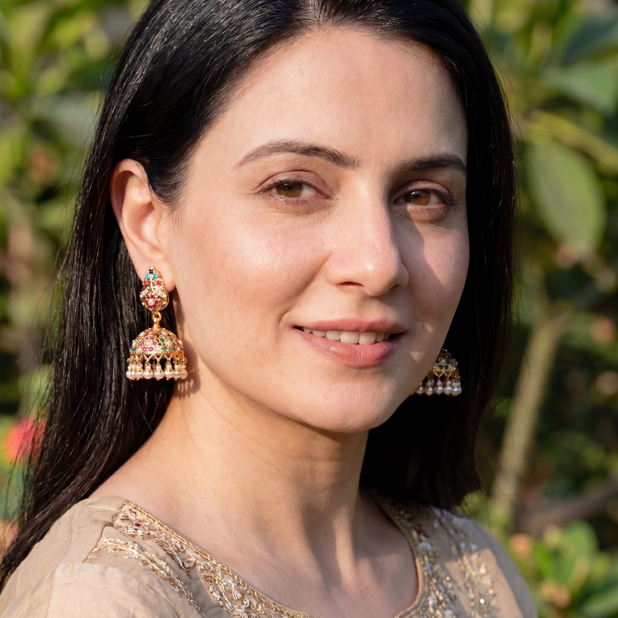 Navratna Jadau Jhumka Earrings For Women | Gold Plated Silver ER 722
