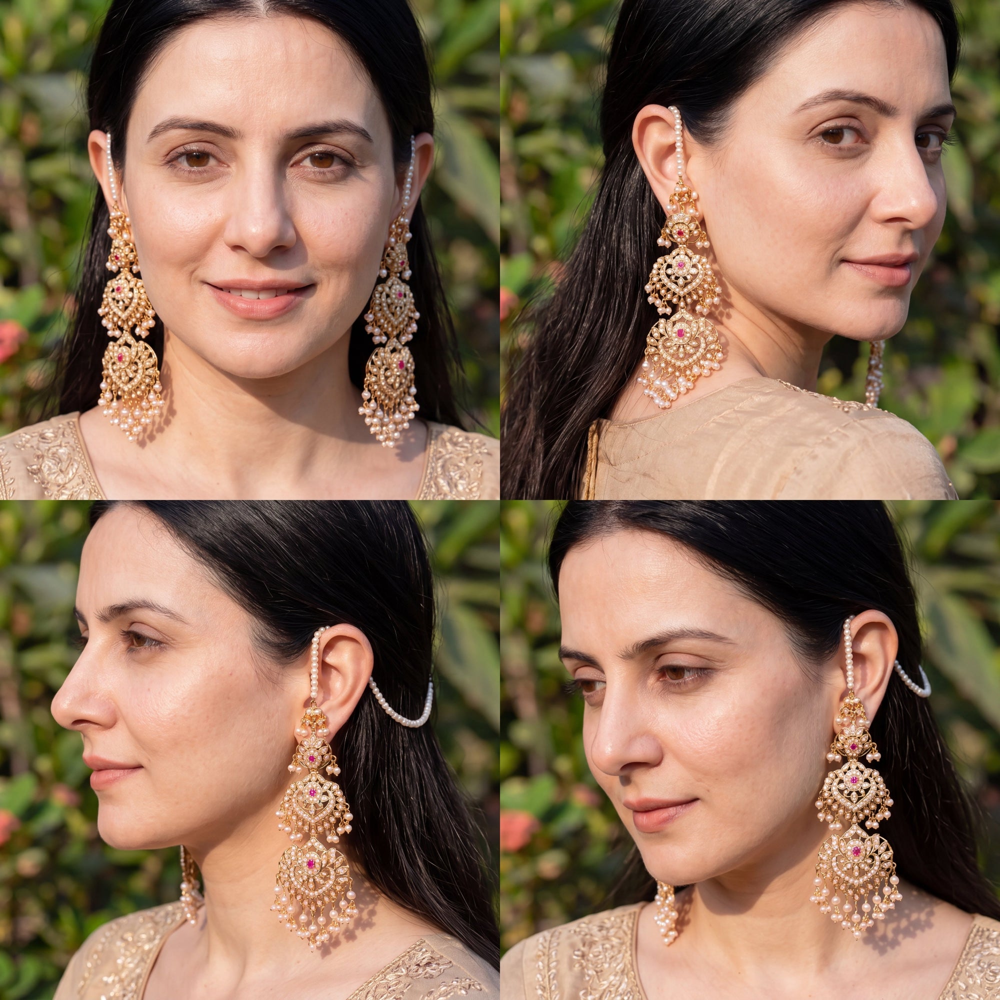 Long Pearl Jadau Earrings with Ear Chain | Gold Plated on Silver ER 719