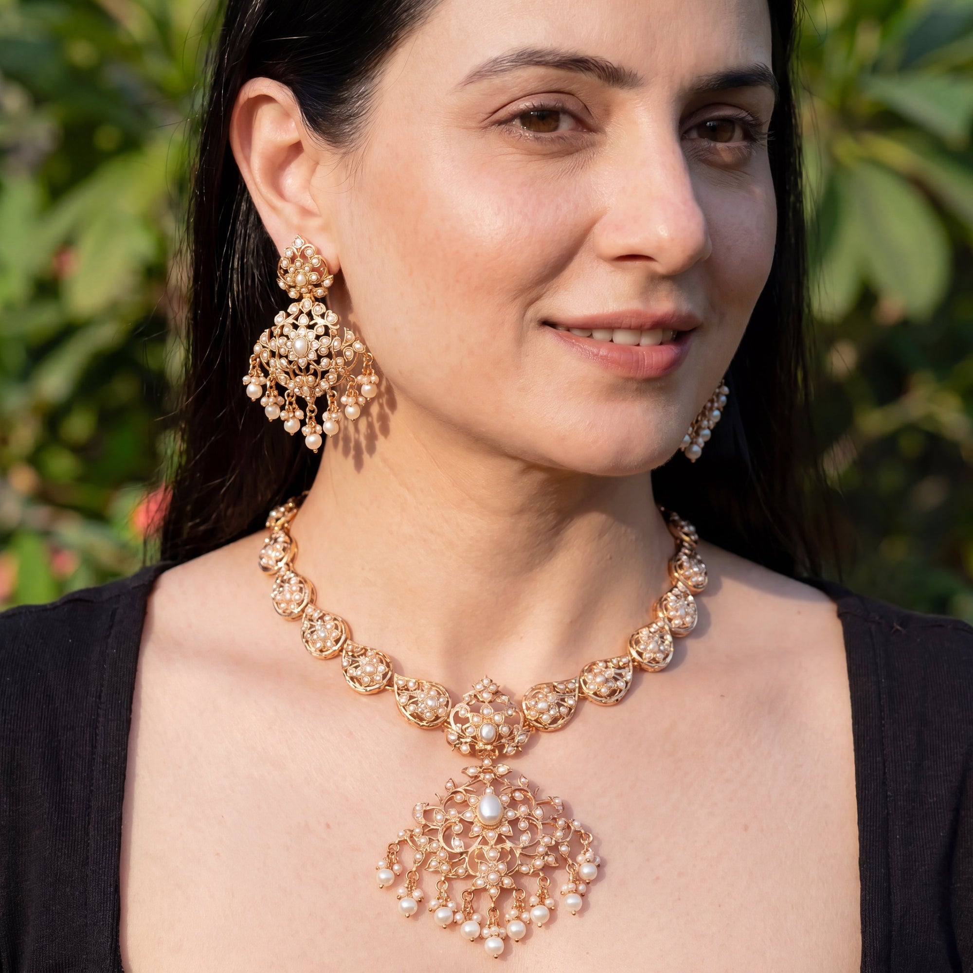 Pearl Jadau Necklace Set with Statement Earrings | Gold Plated on Silver NS 476