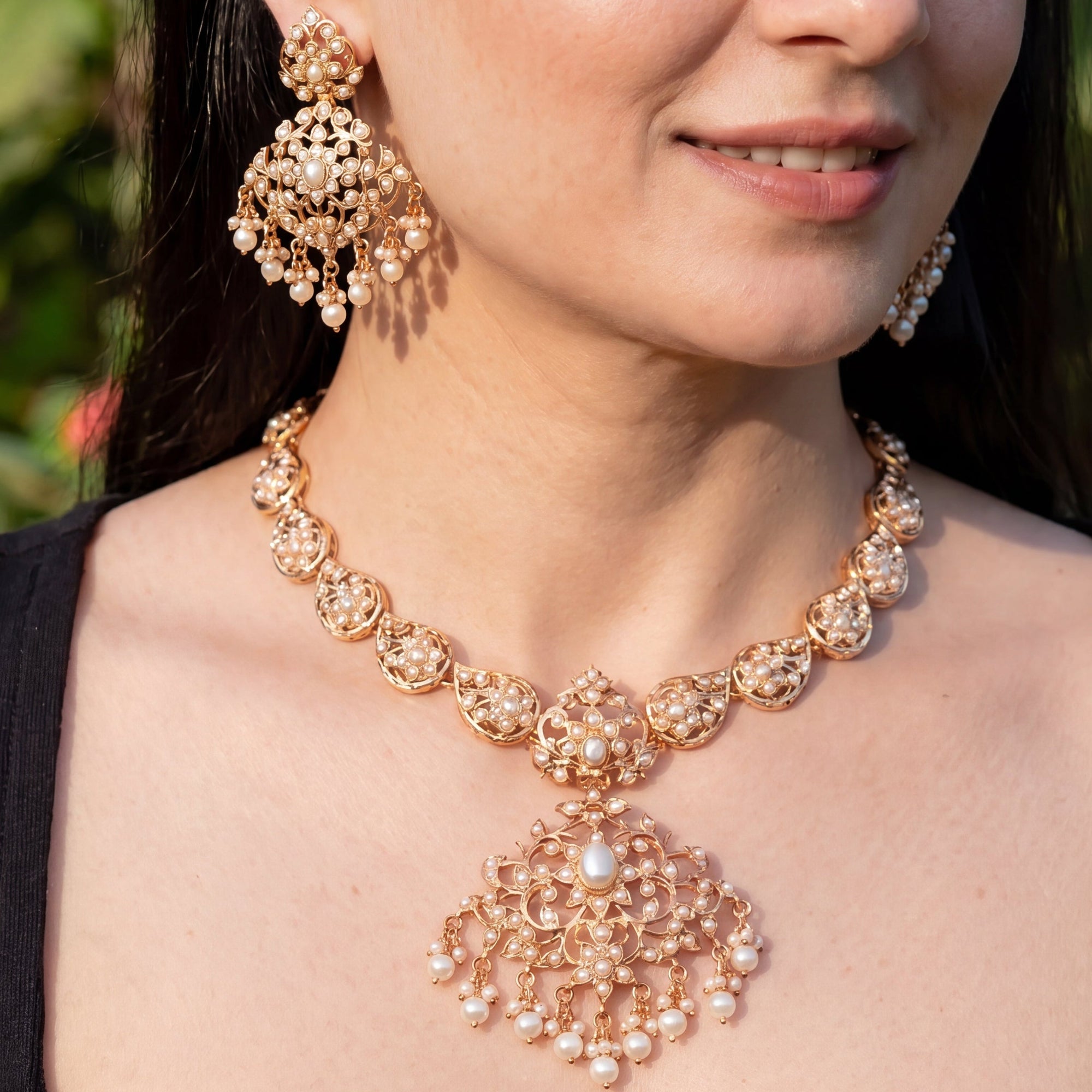 Pearl Jadau Necklace Set with Statement Earrings | Gold Plated on Silver NS 476