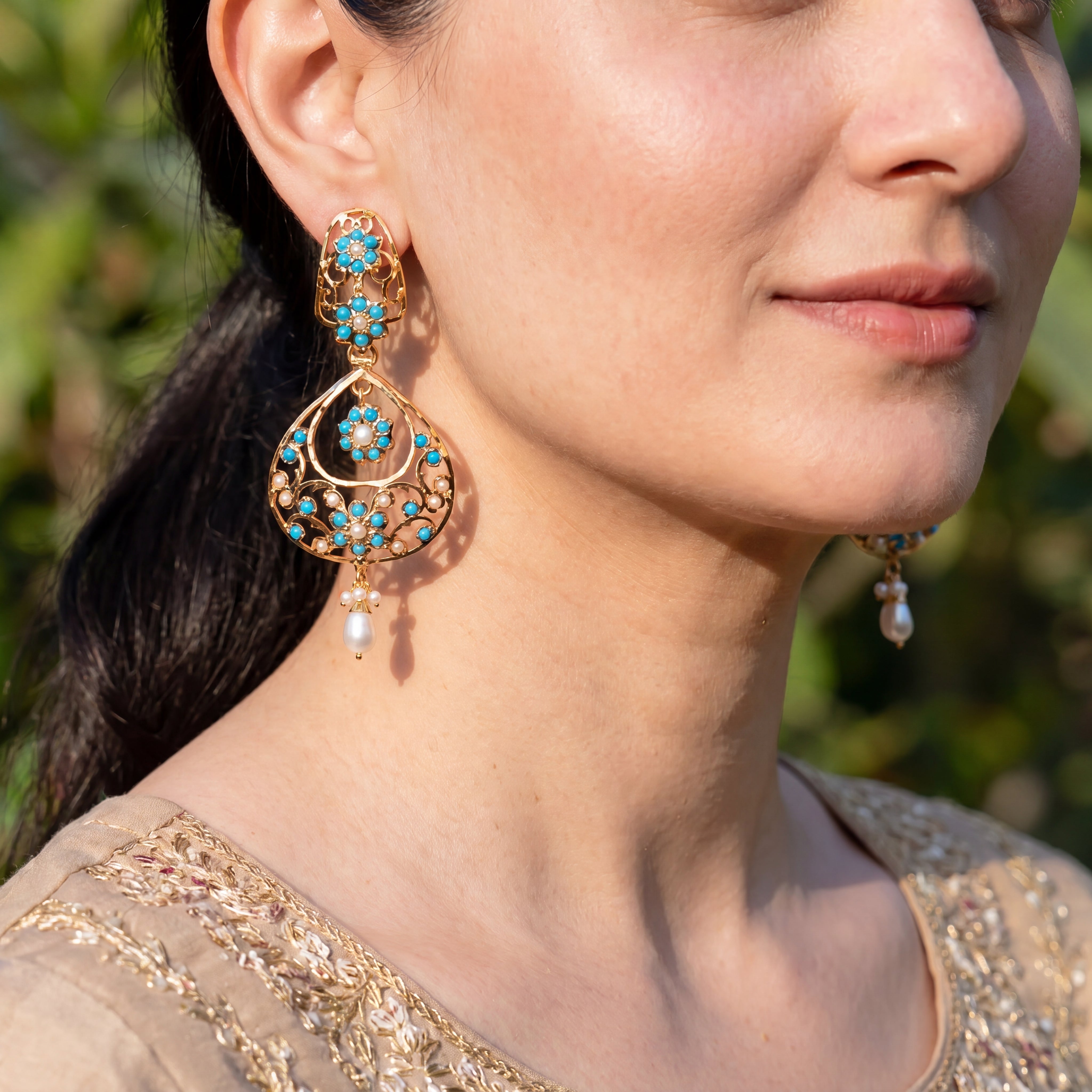 Feroza Pearl Openwork Jadau Earrings | Indo Western Chandbali Earrings | Gold Plated on Silver ER 732