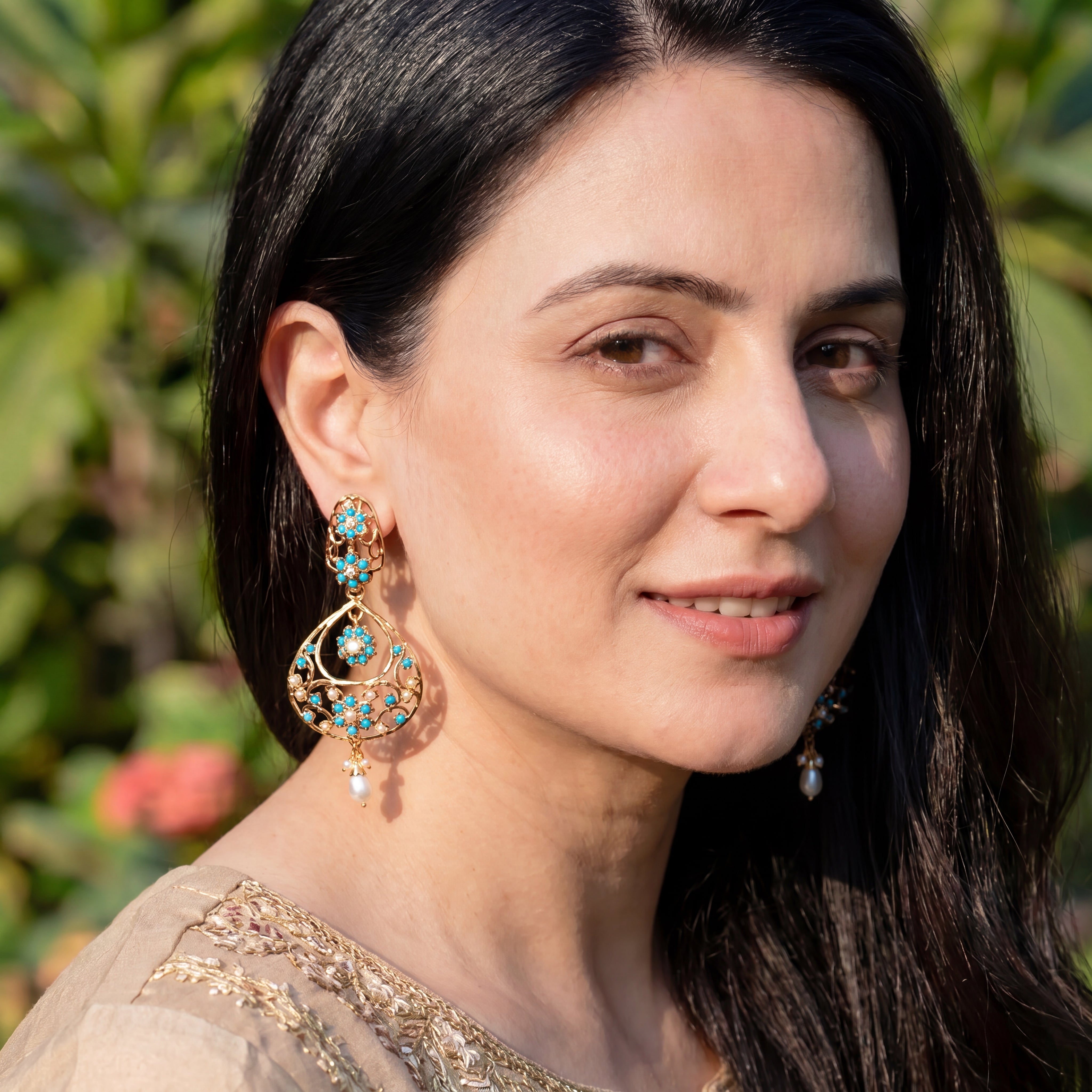 Feroza Pearl Openwork Jadau Earrings | Indo Western Chandbali Earrings | Gold Plated on Silver ER 732