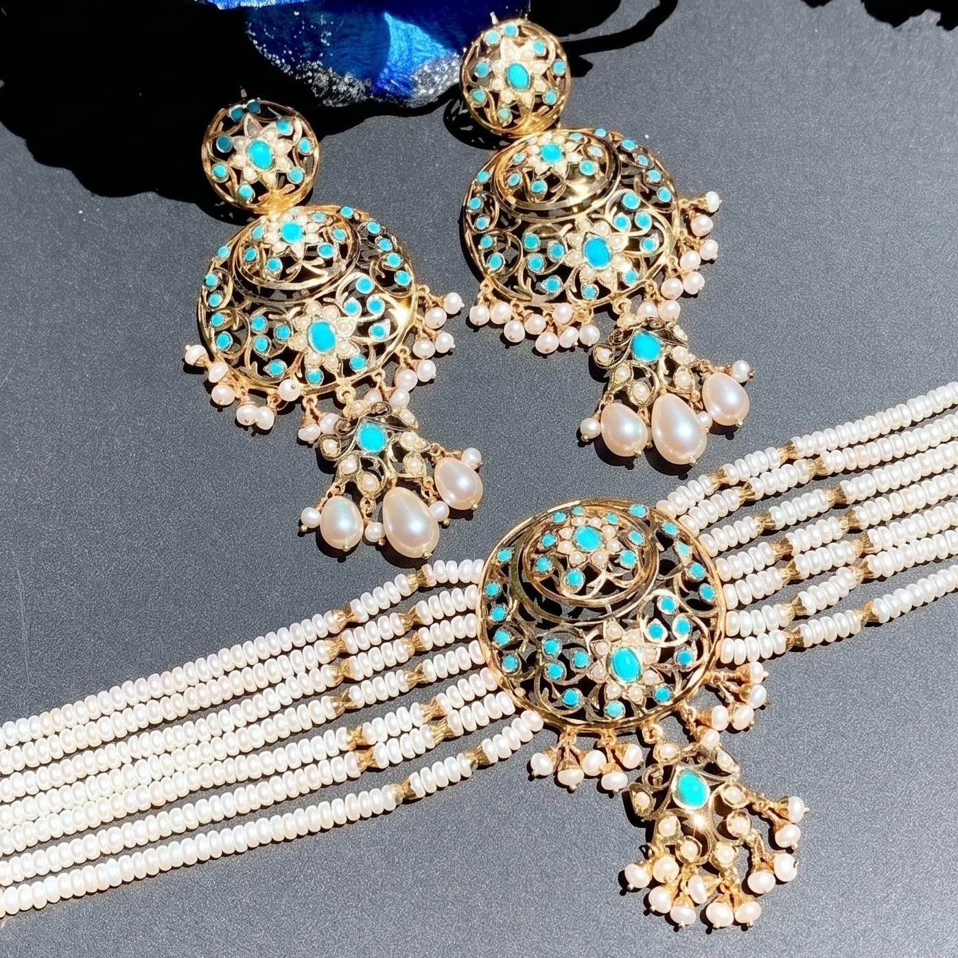 Gold Plated Jadau Choker Set | Real Pearls & Turquoises | Gold Plated Silver NS 151
