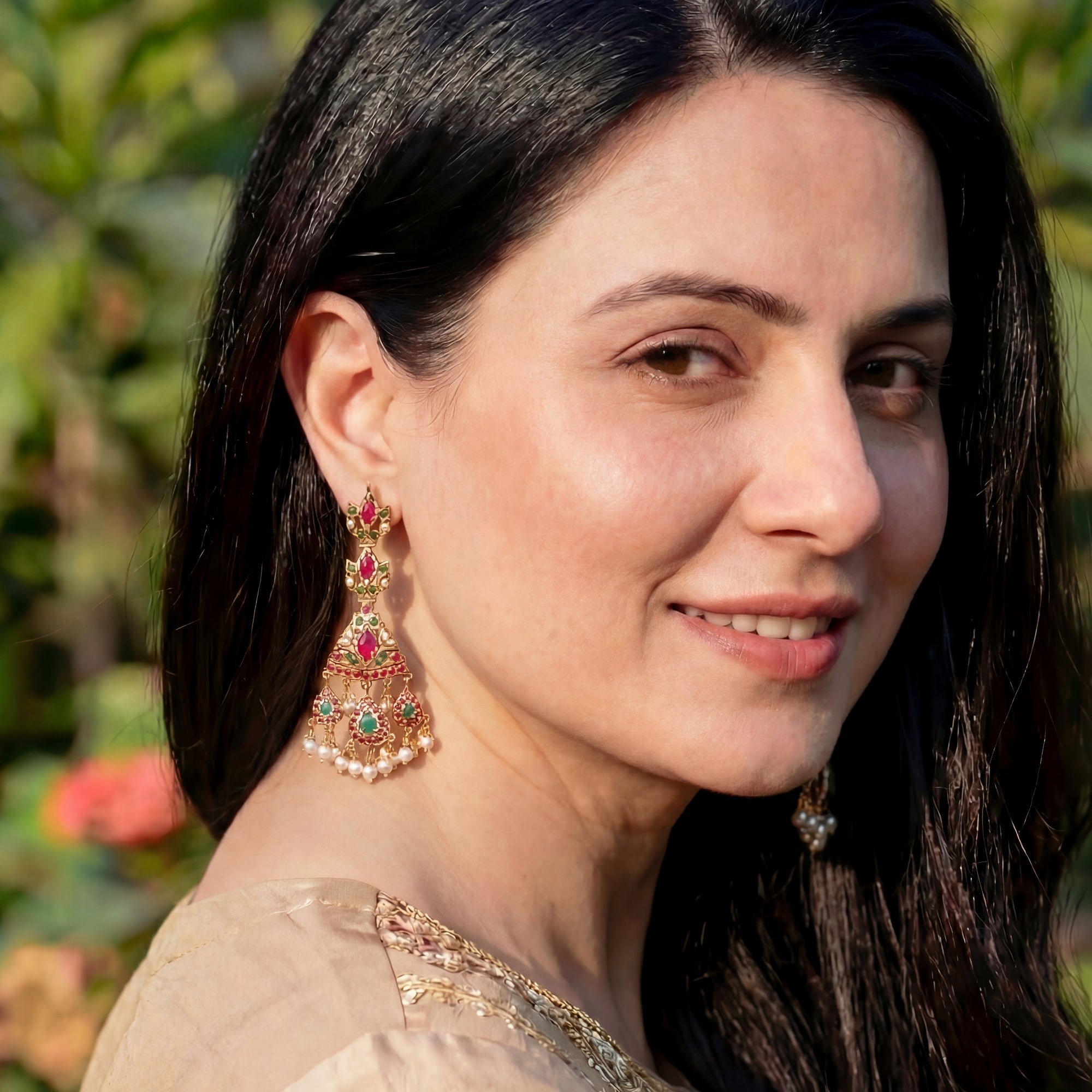 Long Ruby Emerald Earrings | Lightweight Silver Earrings with Gold Plating ER 098