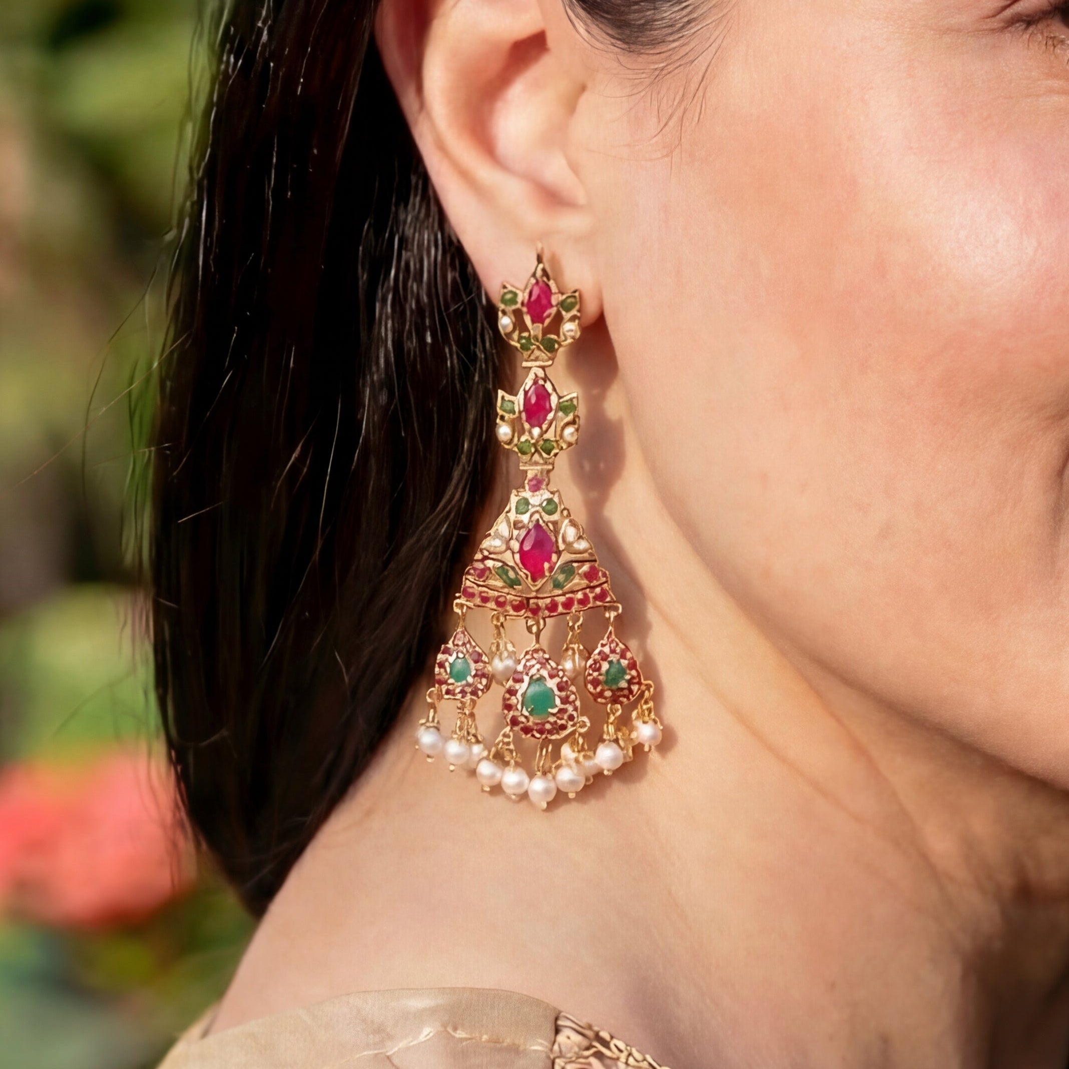 Long Ruby Emerald Earrings | Lightweight Silver Earrings with Gold Plating ER 098