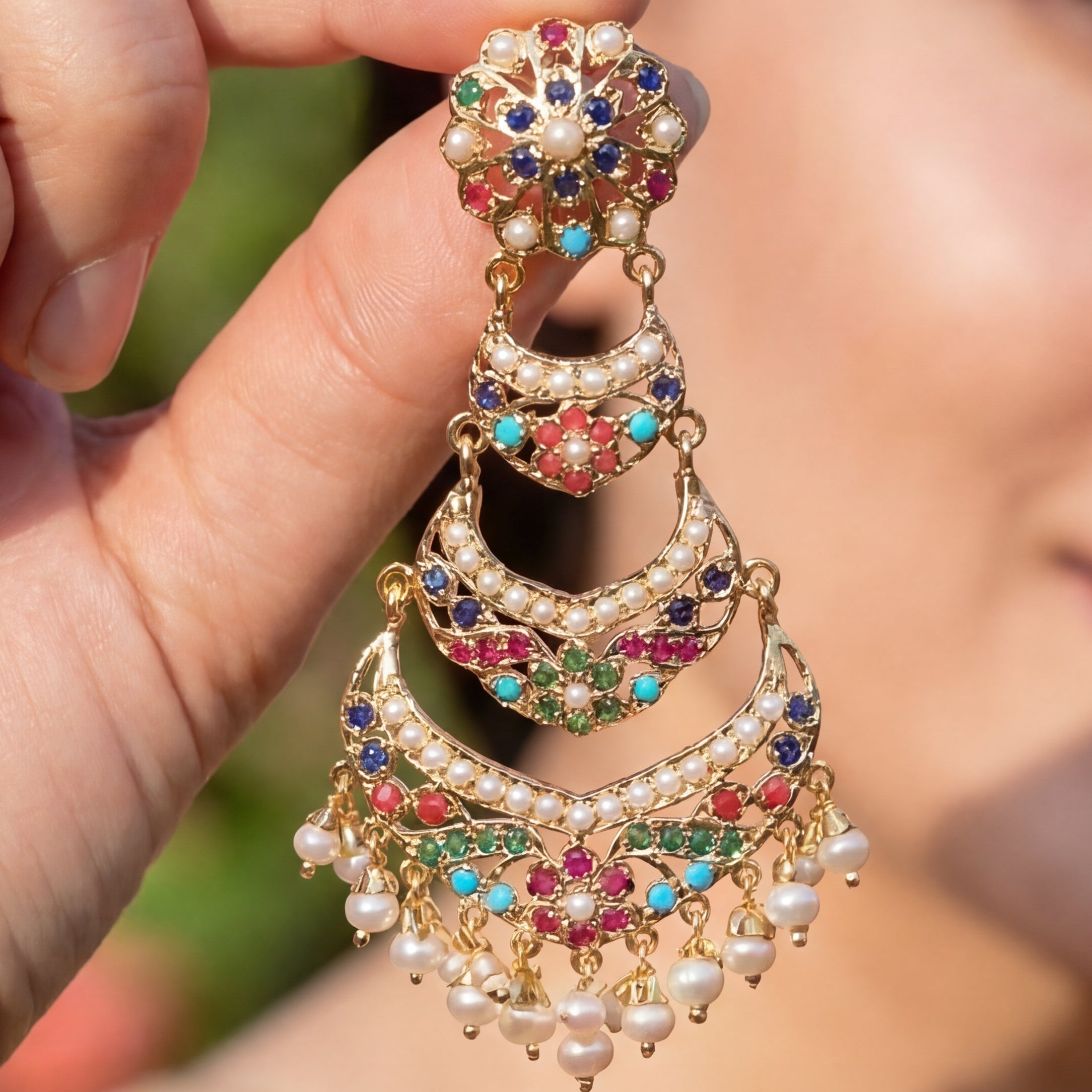 Long Navratna Danglers | Heritage Punjabi Jadau Jewelry | Gold Plated on Silver ER 552