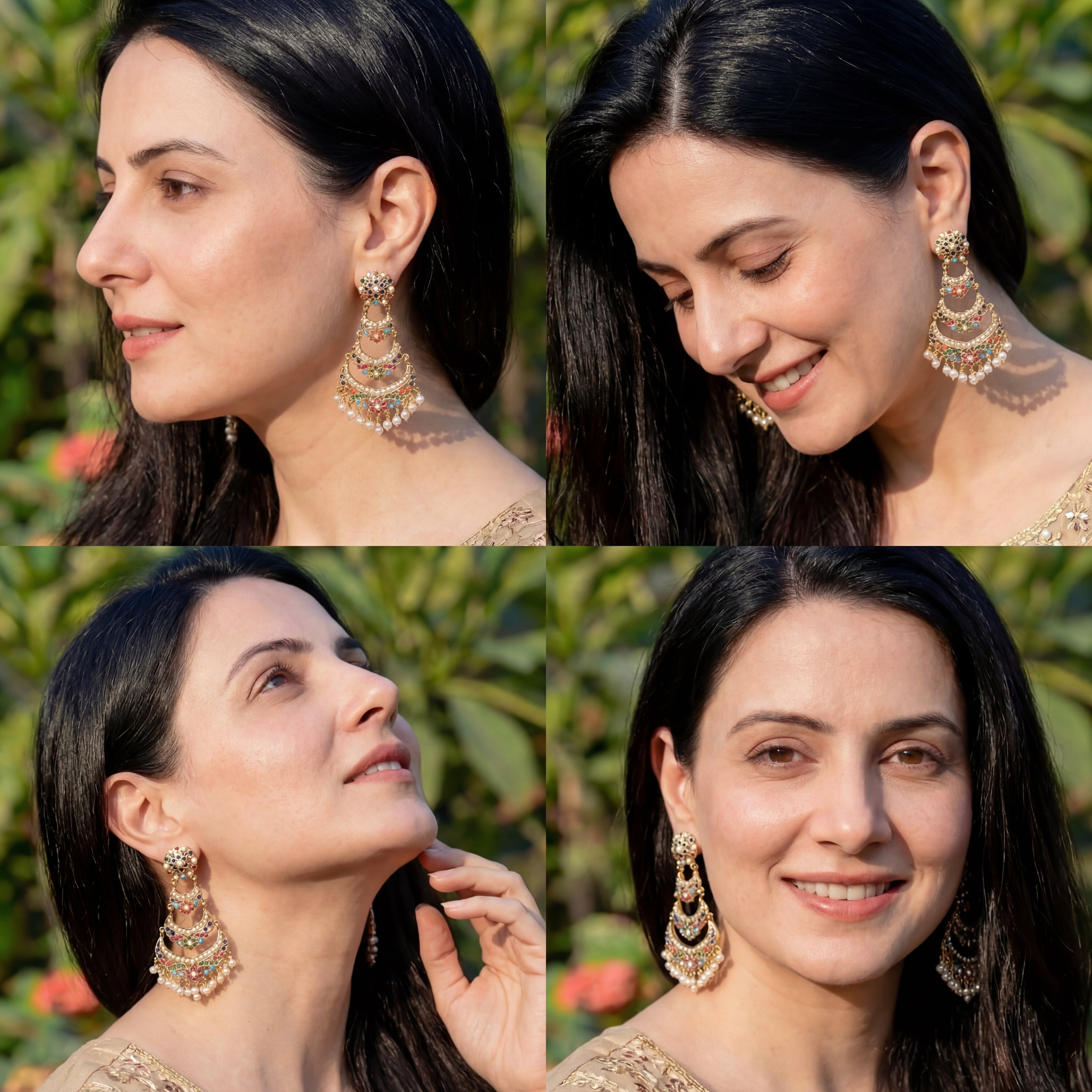 Long Navratna Danglers | Heritage Punjabi Jadau Jewelry | Gold Plated on Silver ER 552