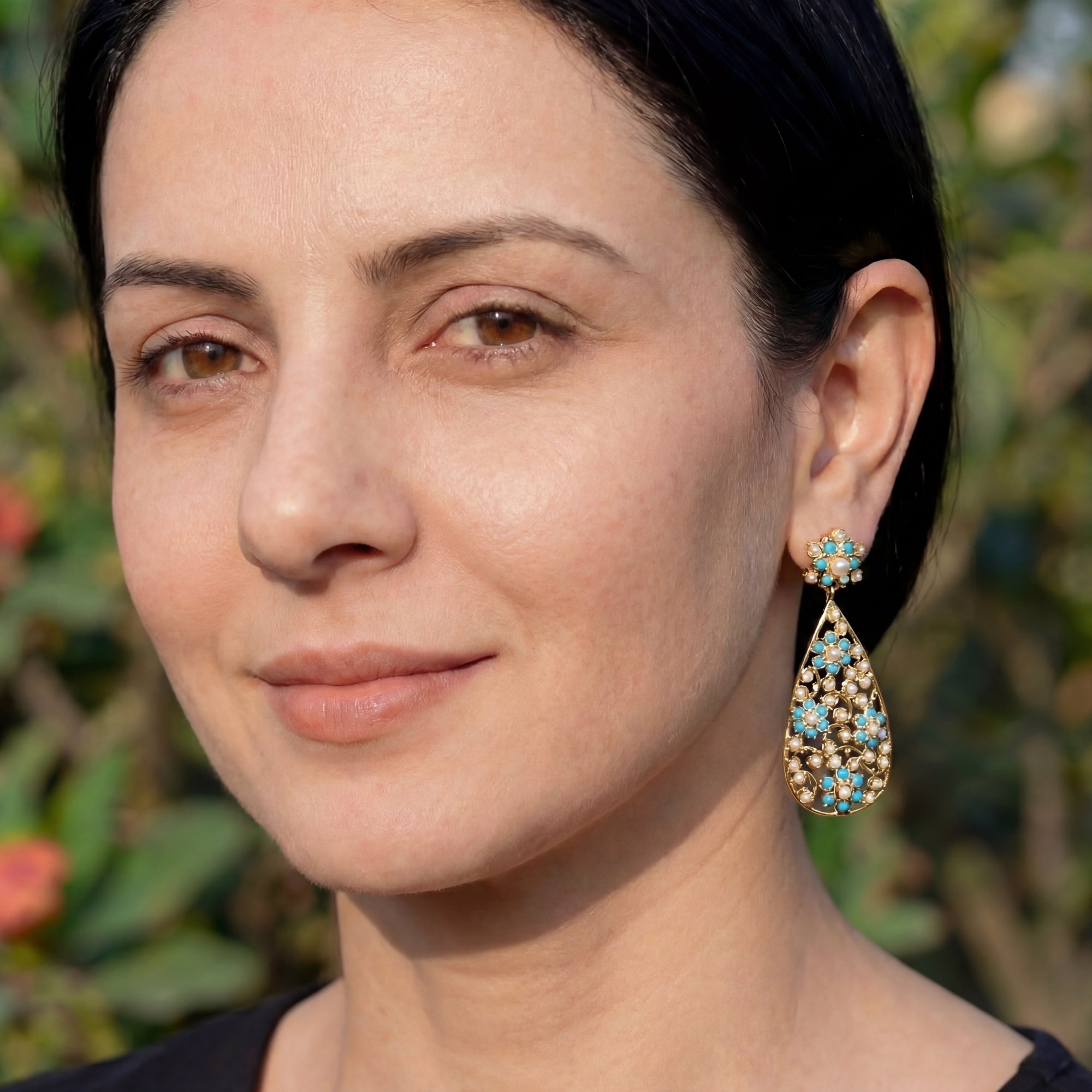 गोल्ड प्लेटेड इयररिंग्स | 925 सिल्वर, मोती और फ़िरोज़ा ER 454