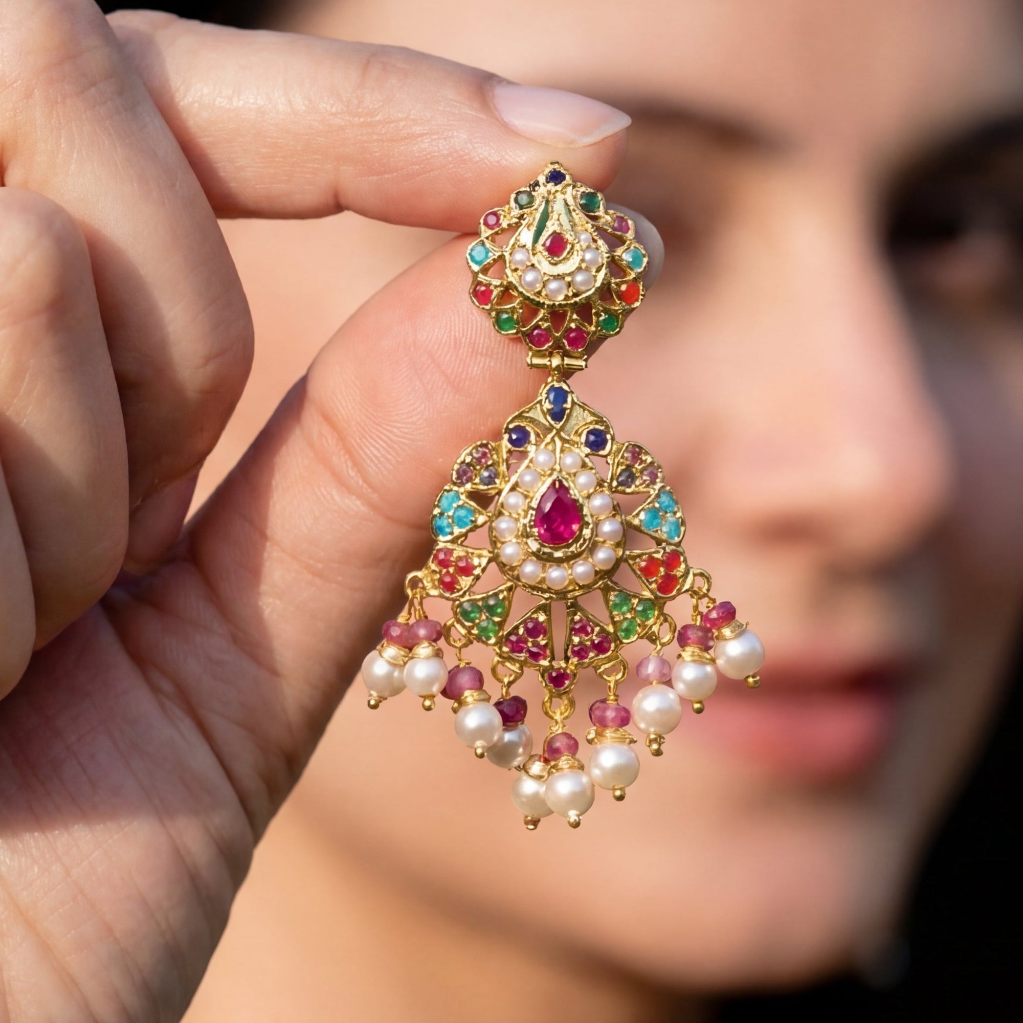 नाज़ुक नवरत्न झुमके | 925 सिल्वर पर सोना चढ़ाया हुआ ER 431