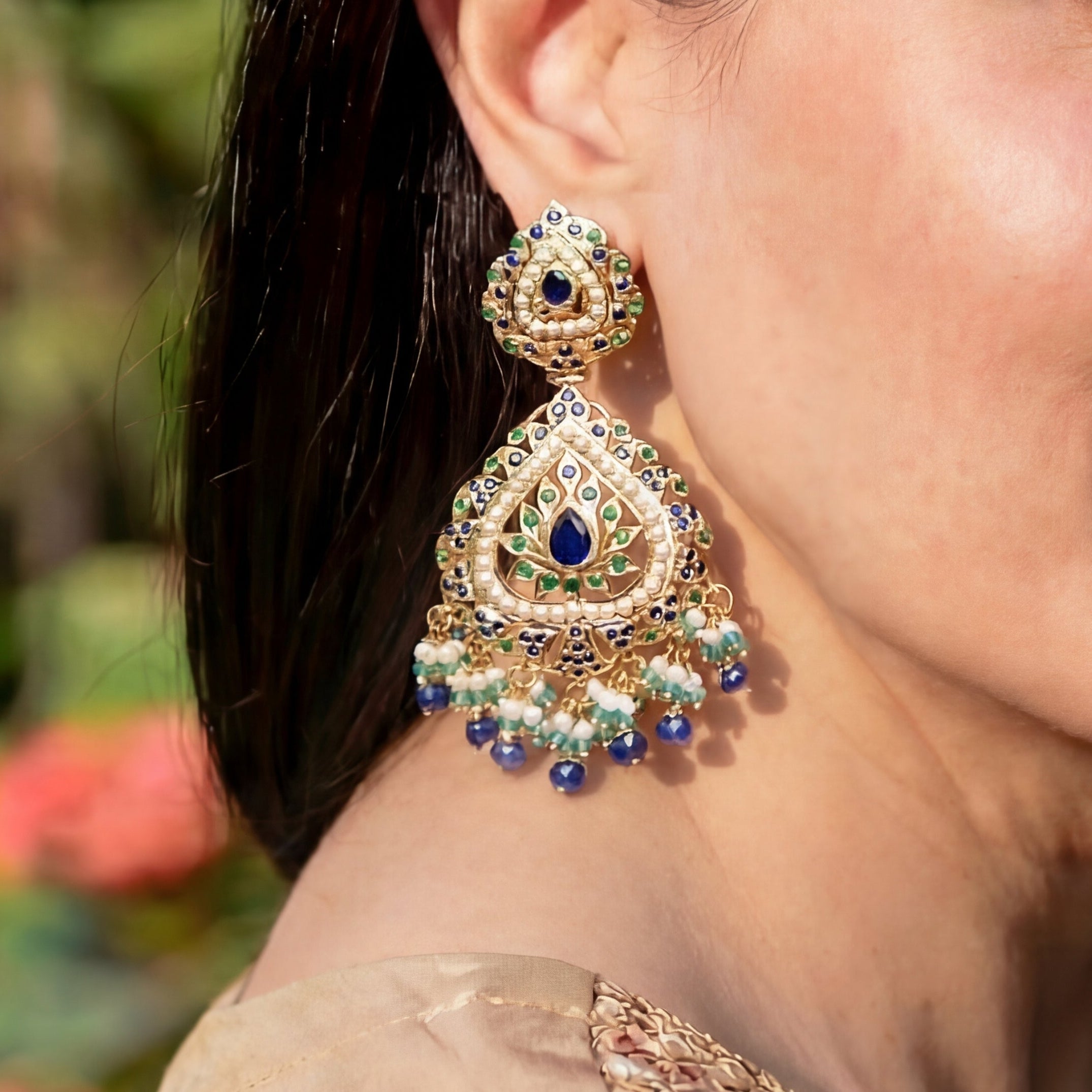 Gold Plated Emerald Pearl Sapphire Earrings in 925 Silver ER 164