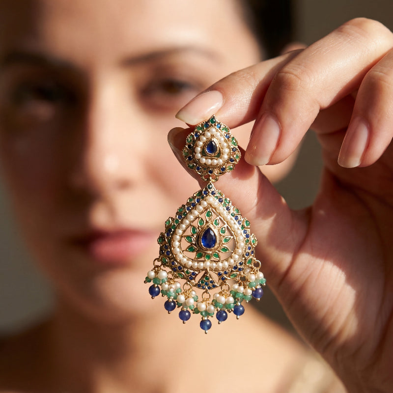 Gold Plated Emerald Pearl Sapphire Earrings in 925 Silver ER 164