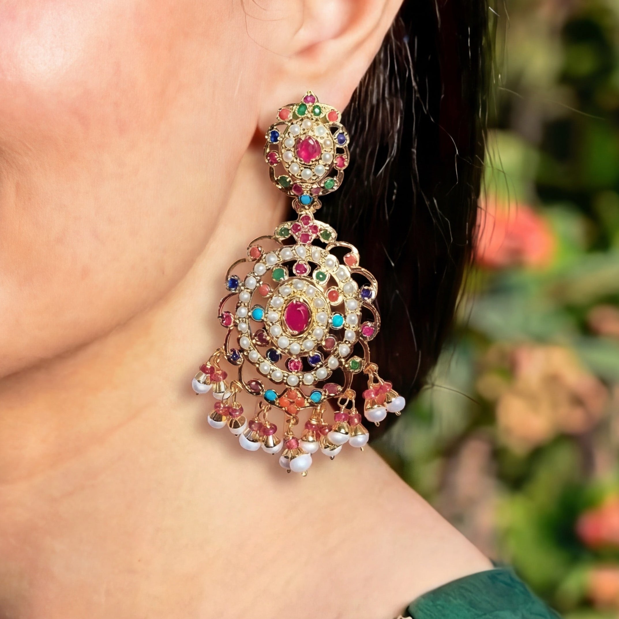 Statement Navratna Earrings | Gold Plated 925 Silver Jewellery Online ER 444