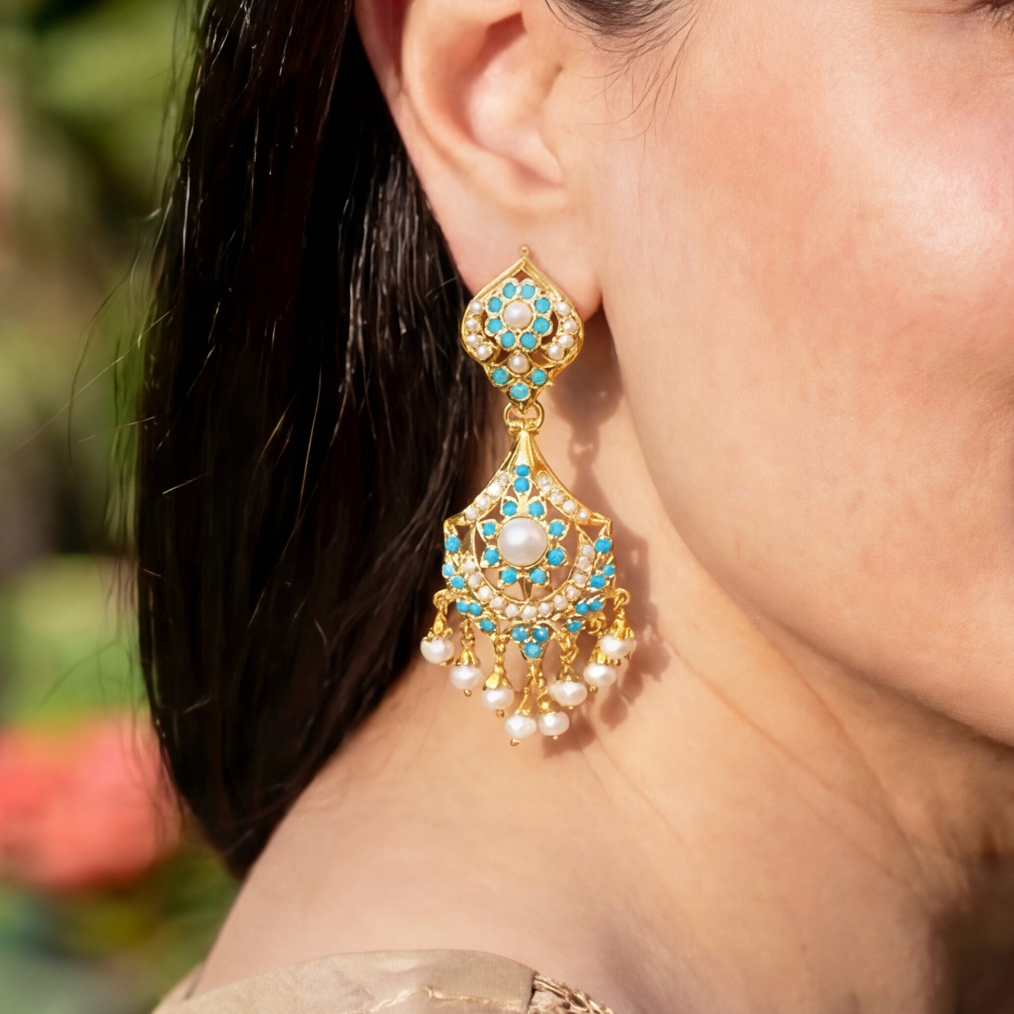Pearl and Turquoise Earrings in Gold Plated Silver ER 175