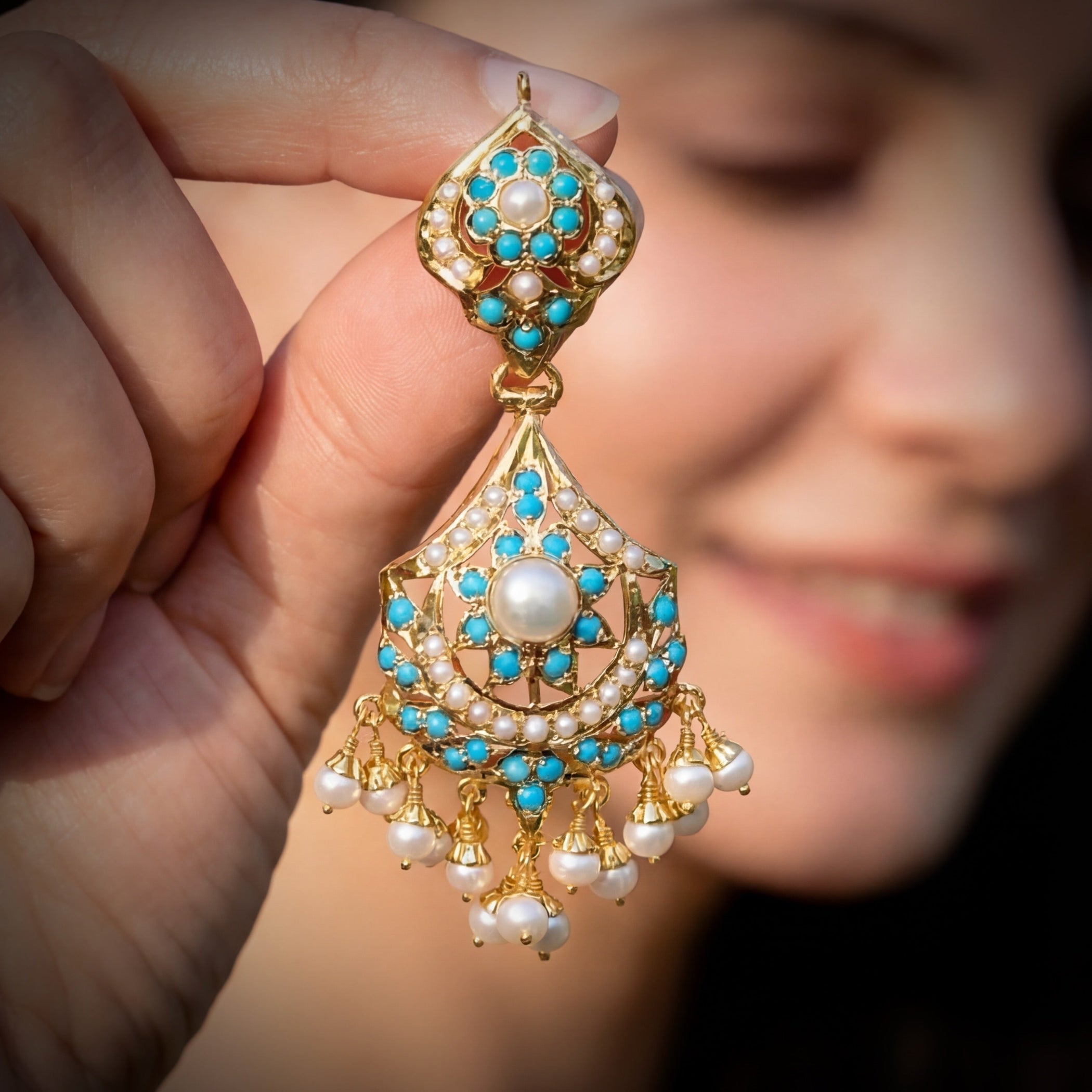 सोने की परत चढ़ी चांदी में मोती और फ़िरोज़ा बालियाँ ER 390