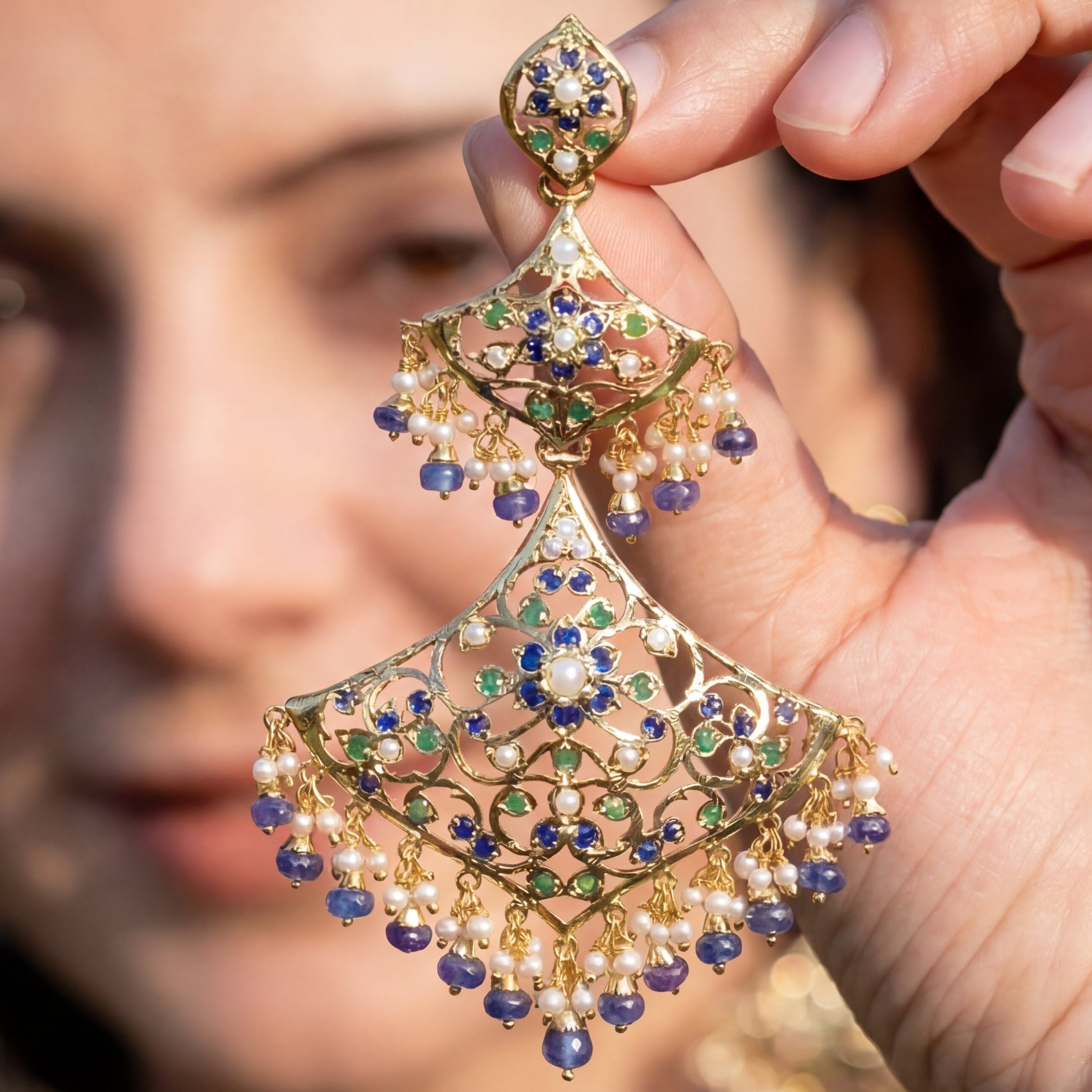 Alluring Multi Step Long Sapphire Earrings | Gold Plated Silver ER 266