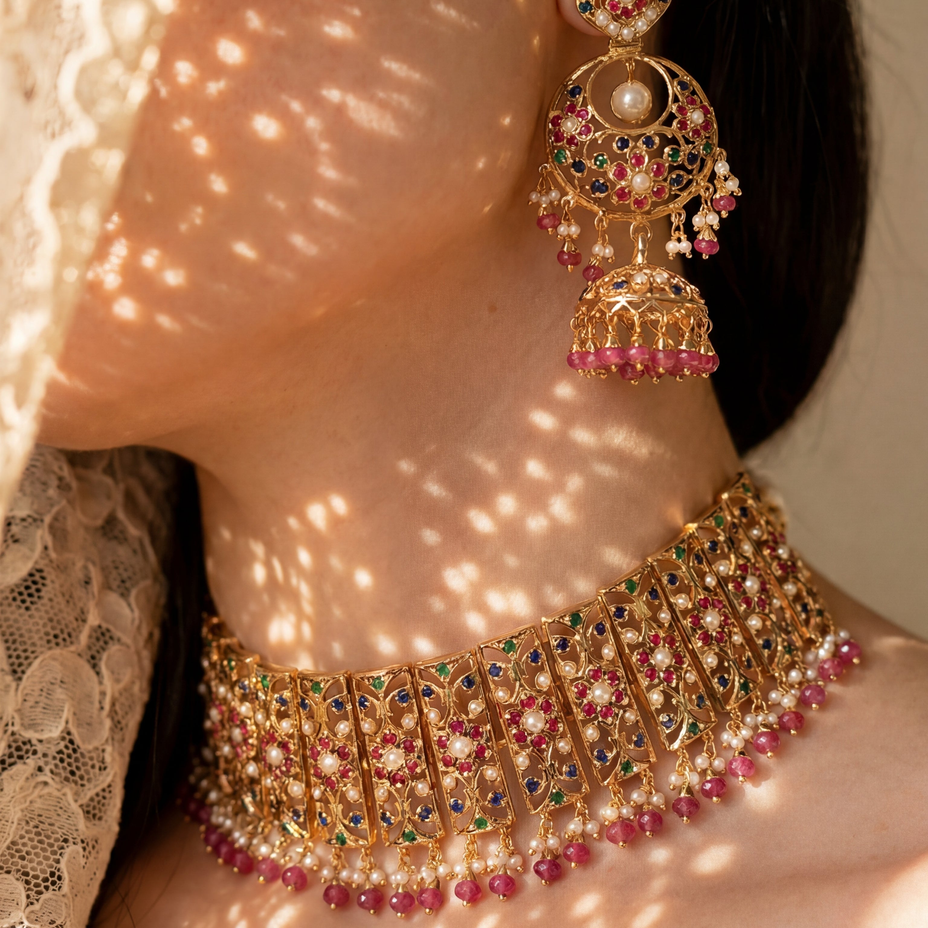 Bridal Choker Paired with Chandbali Earrings | Premium Indian Silver Jewelry | Gold Plated NS 419