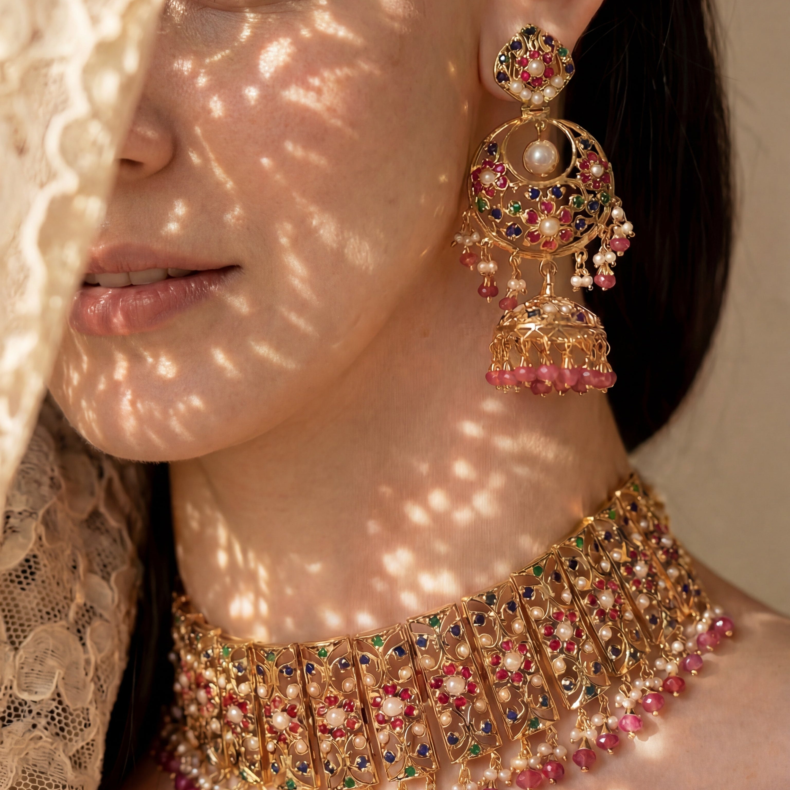 Bridal Choker Paired with Chandbali Earrings | Premium Indian Silver Jewelry | Gold Plated NS 419