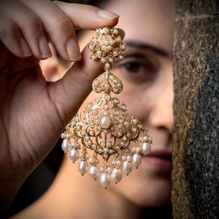 Intricate Silver Earrings studded with Freshwater Pearls | Gold Plated Indian Jewelry ER 612