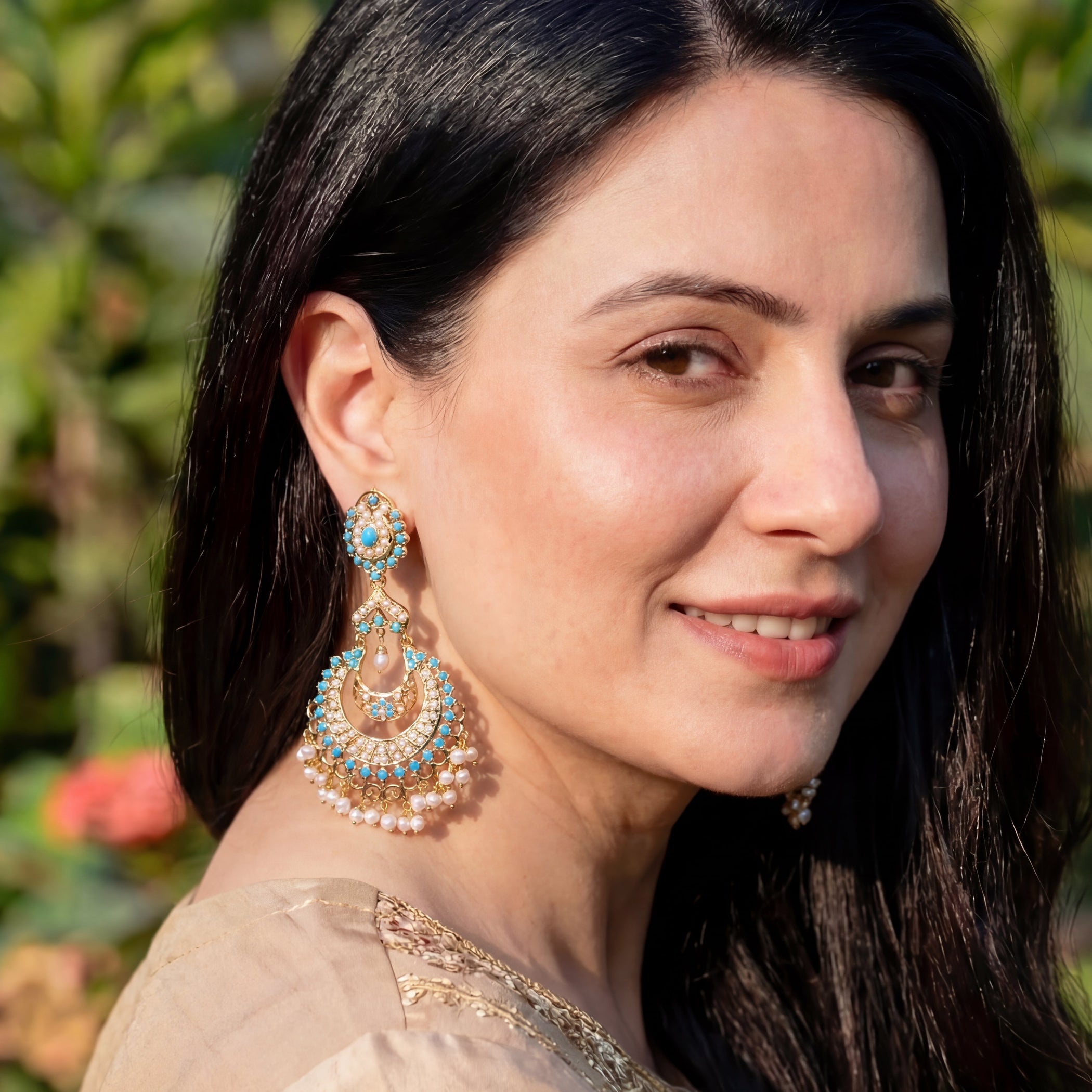 Pearl & Feroza Studded Chandbali Danglers | Ethnic Indian Jadau Jewelry ER 608