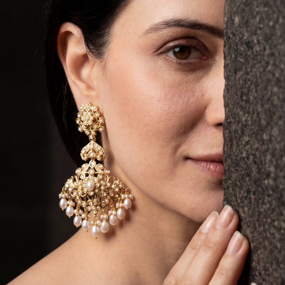 Intricate Silver Earrings studded with Freshwater Pearls | Gold Plated Indian Jewelry ER 612
