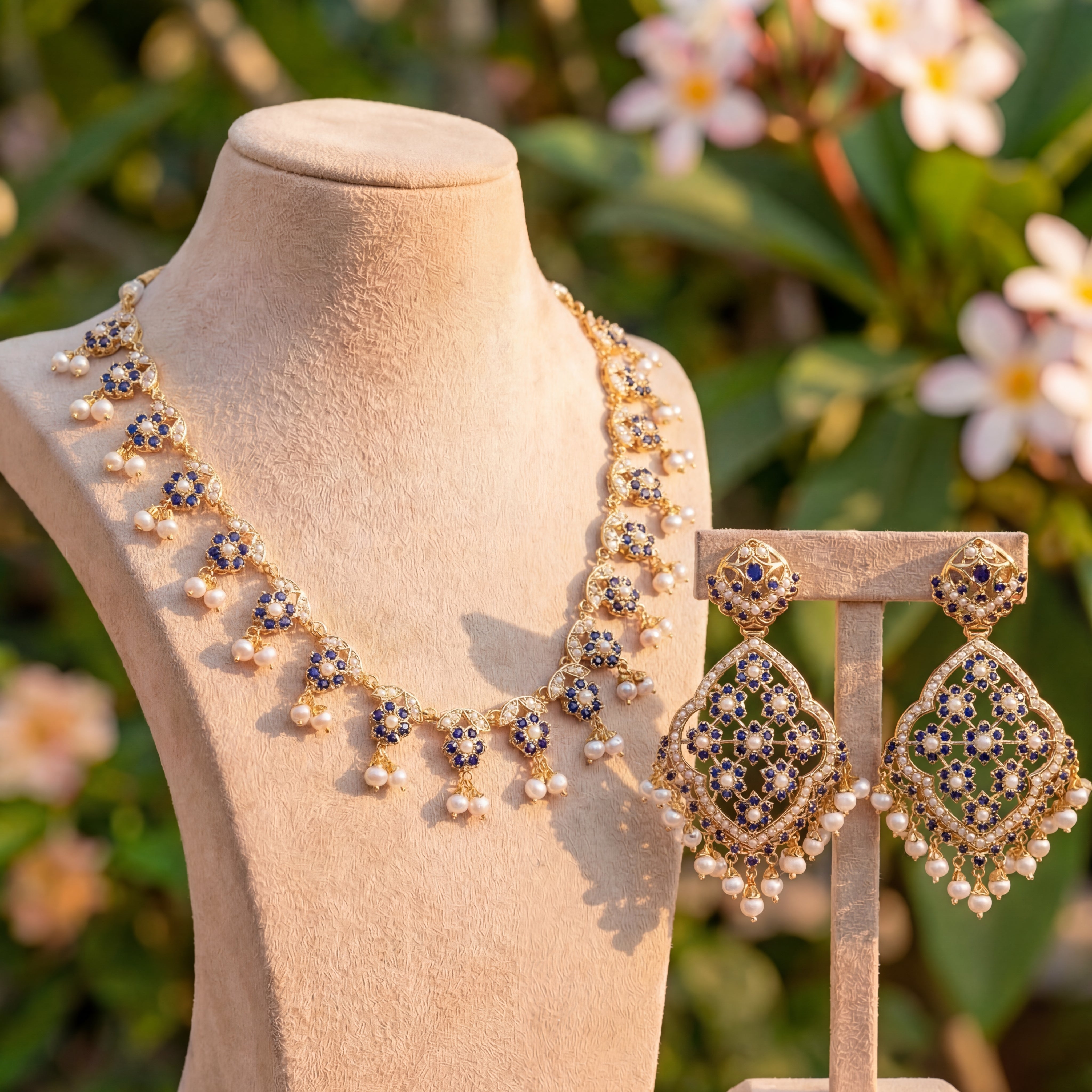 सुंदर नीलम हार | स्टेटमेंट फ्लोरल इयररिंग्स | महिलाओं के लिए NS 337