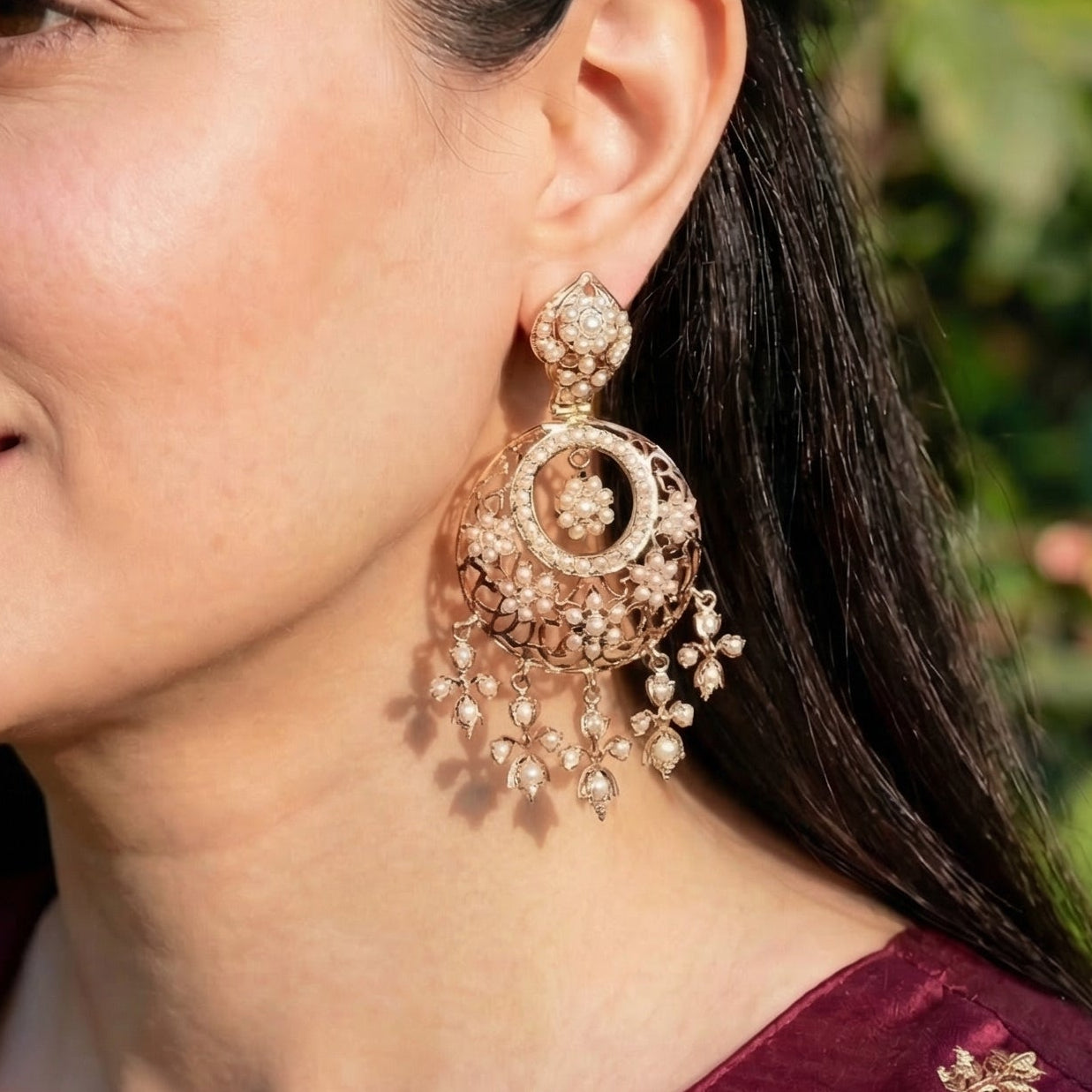 Antique Style Pearl Chandbali Earrings | Indo Western Design Jewelry on Silver ER 610