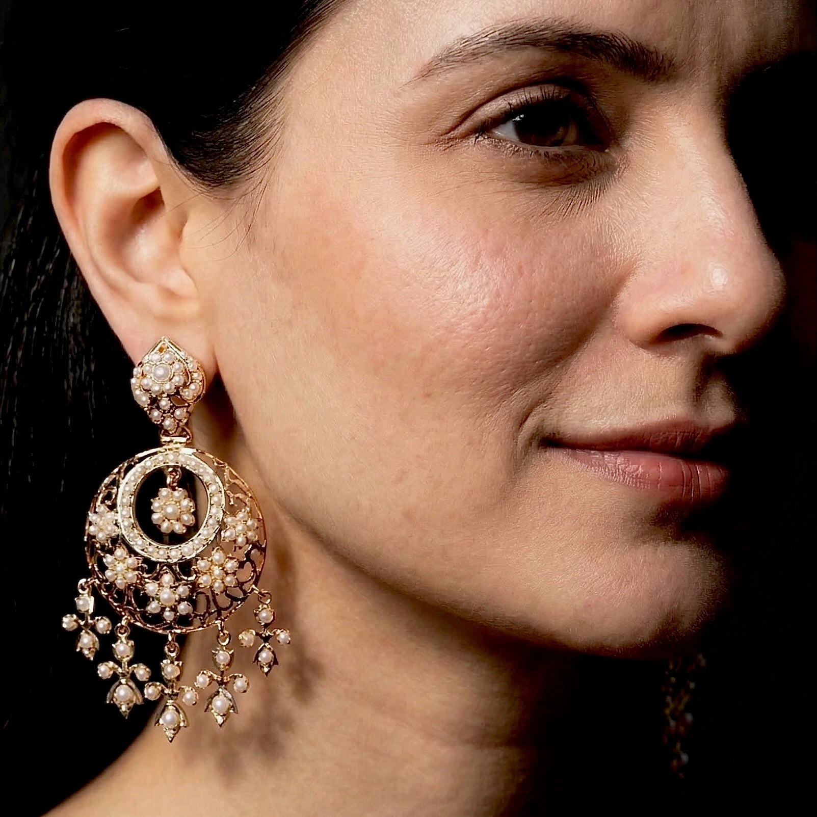 Antique Style Pearl Chandbali Earrings | Indo Western Design Jewelry on Silver ER 610